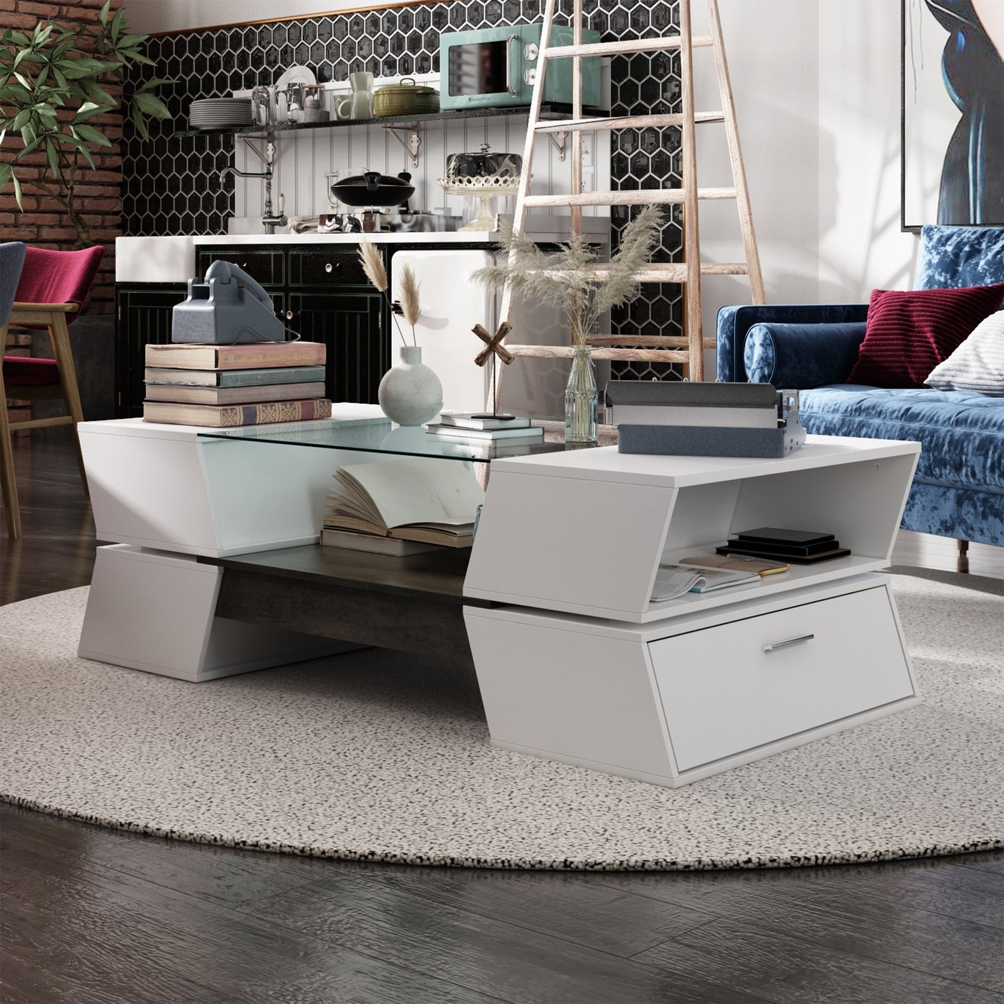 47.2" L Modern Coffee Table in Stylish X Shape with Glass Top