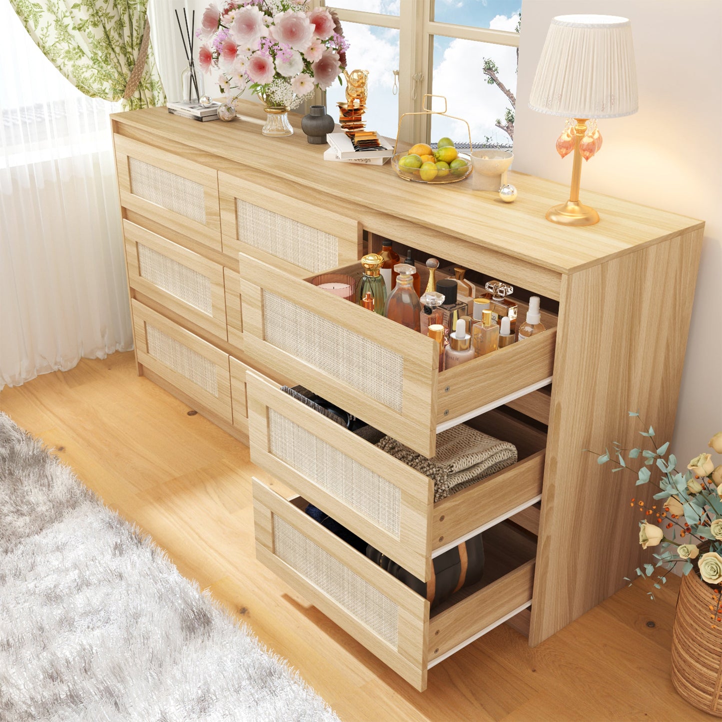 62.9" Wide 9 Drawers Medium Wood Dresser
