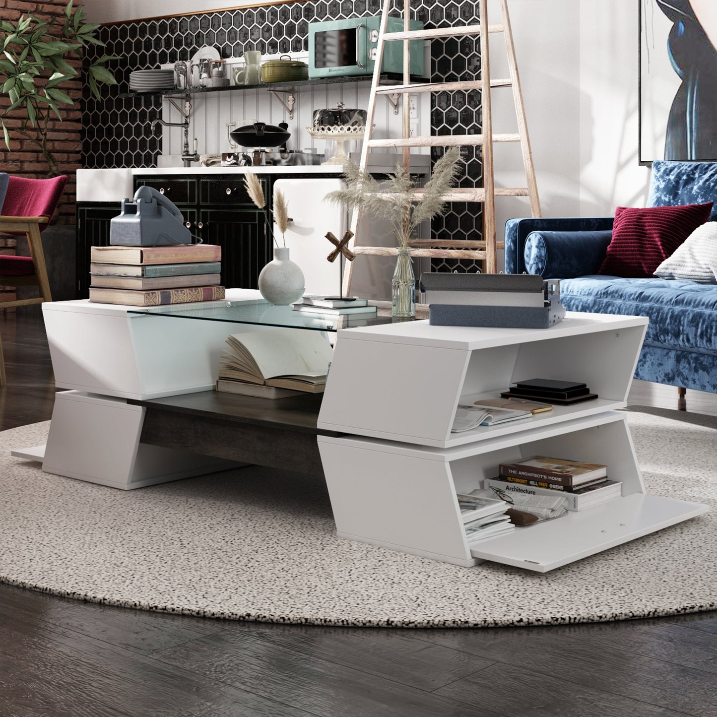 47.2" L Modern Coffee Table in Stylish X Shape with Glass Top