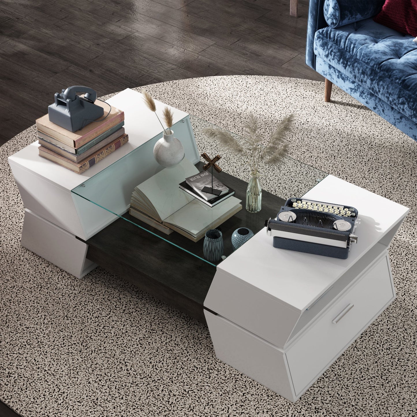 47.2" L Modern Coffee Table in Stylish X Shape with Glass Top