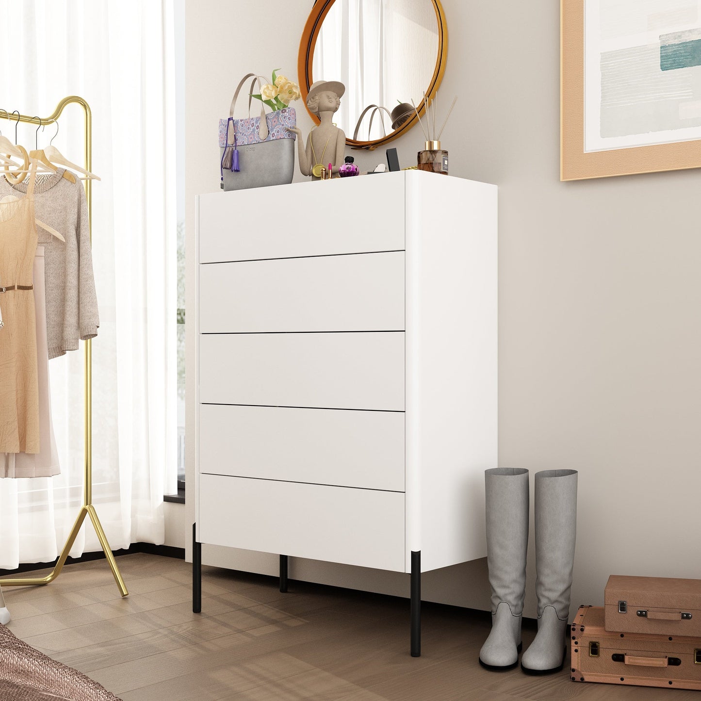 Dresser Chest Of Drawer with Glass Top and Jewelry Storage - 5 Drawers