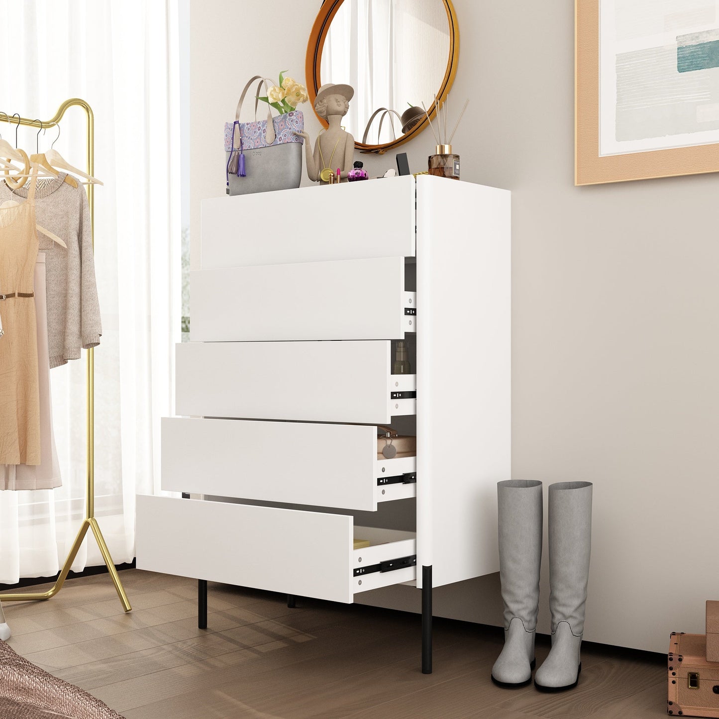 Dresser Chest Of Drawer with Glass Top and Jewelry Storage - 5 Drawers