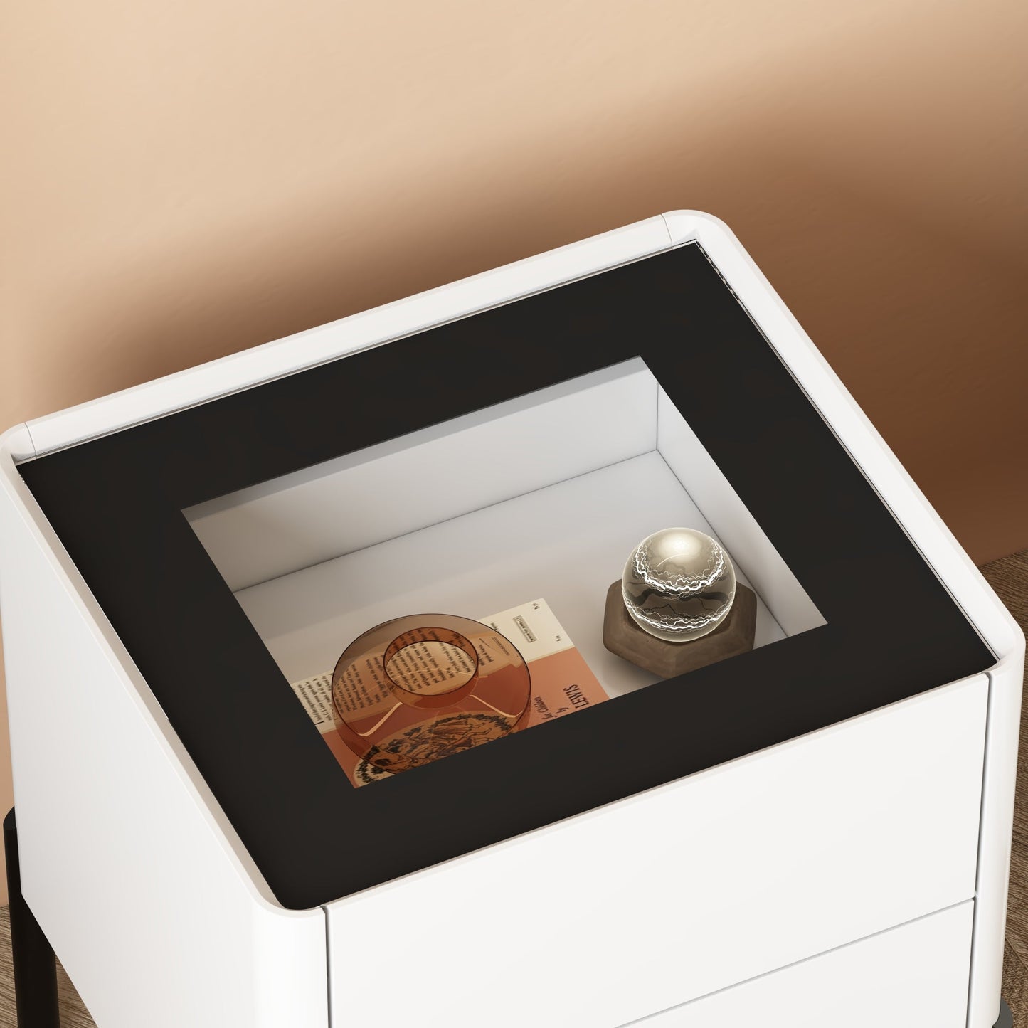 White Glass End Table,Nightstand with 2 Drawers