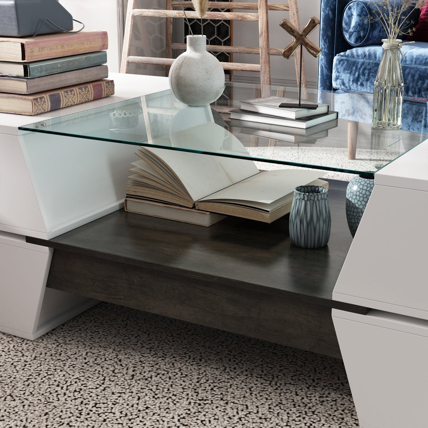 47.2" L Modern Coffee Table in Stylish X Shape with Glass Top