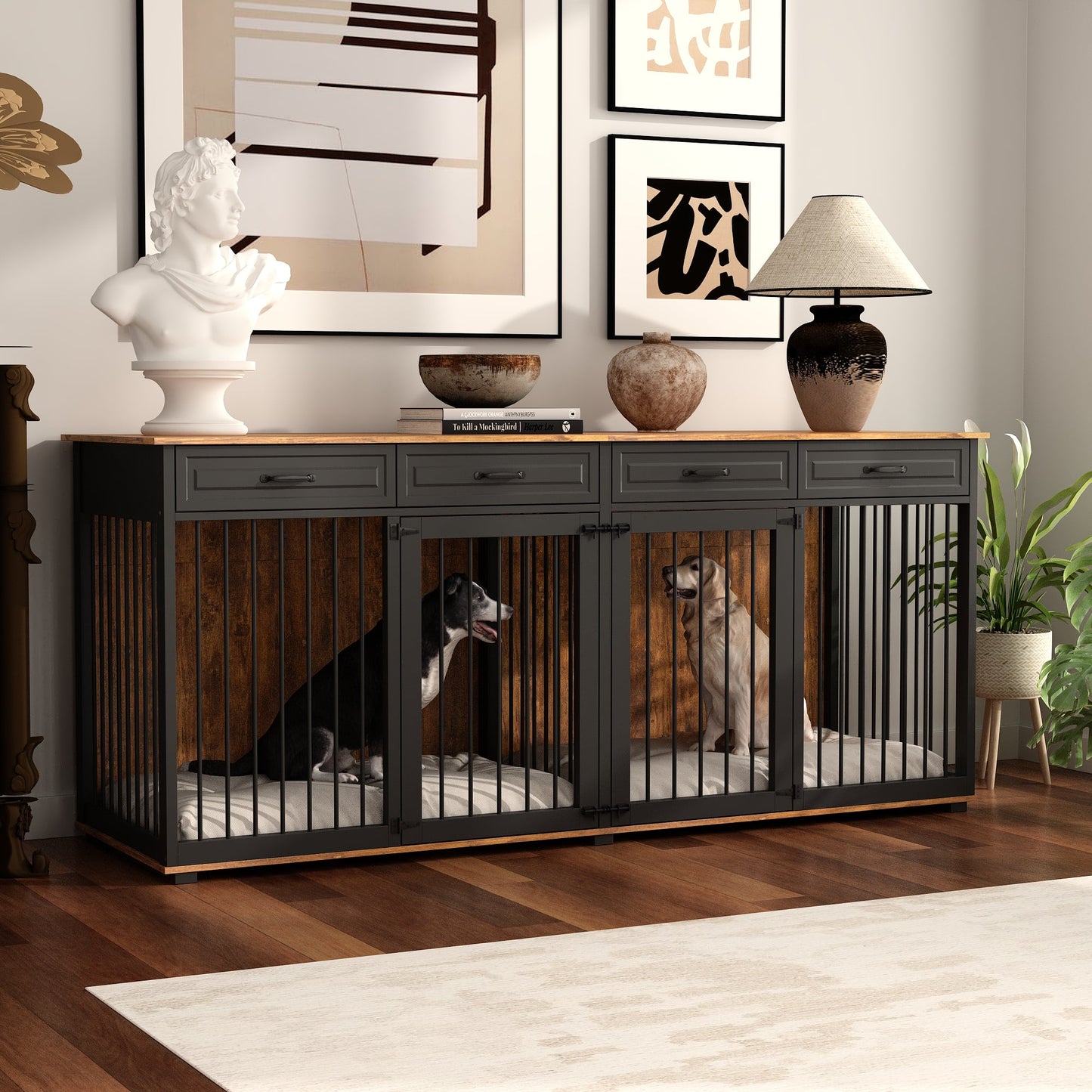 Large Dog Crate Furniture with 4 Drawers and Divider
