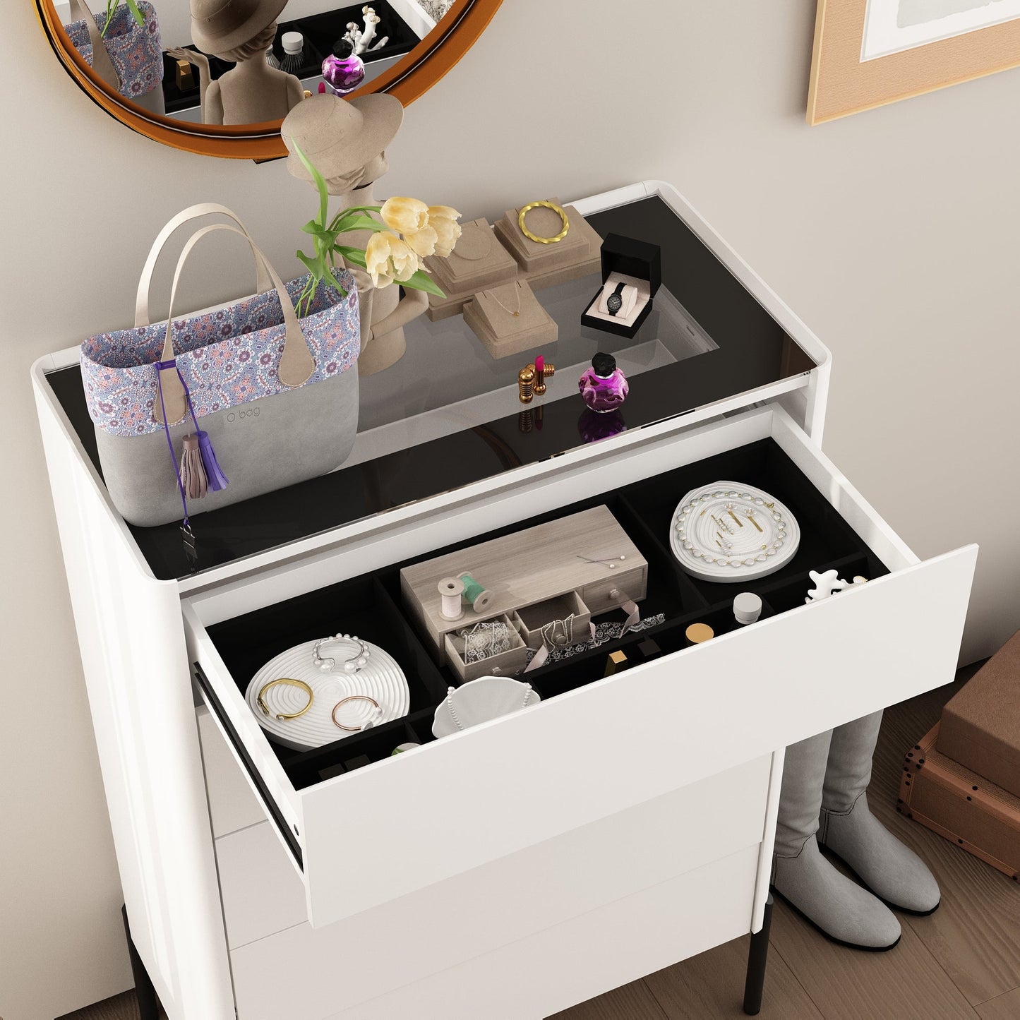 Dresser Chest Of Drawer with Glass Top and Jewelry Storage - 5 Drawers