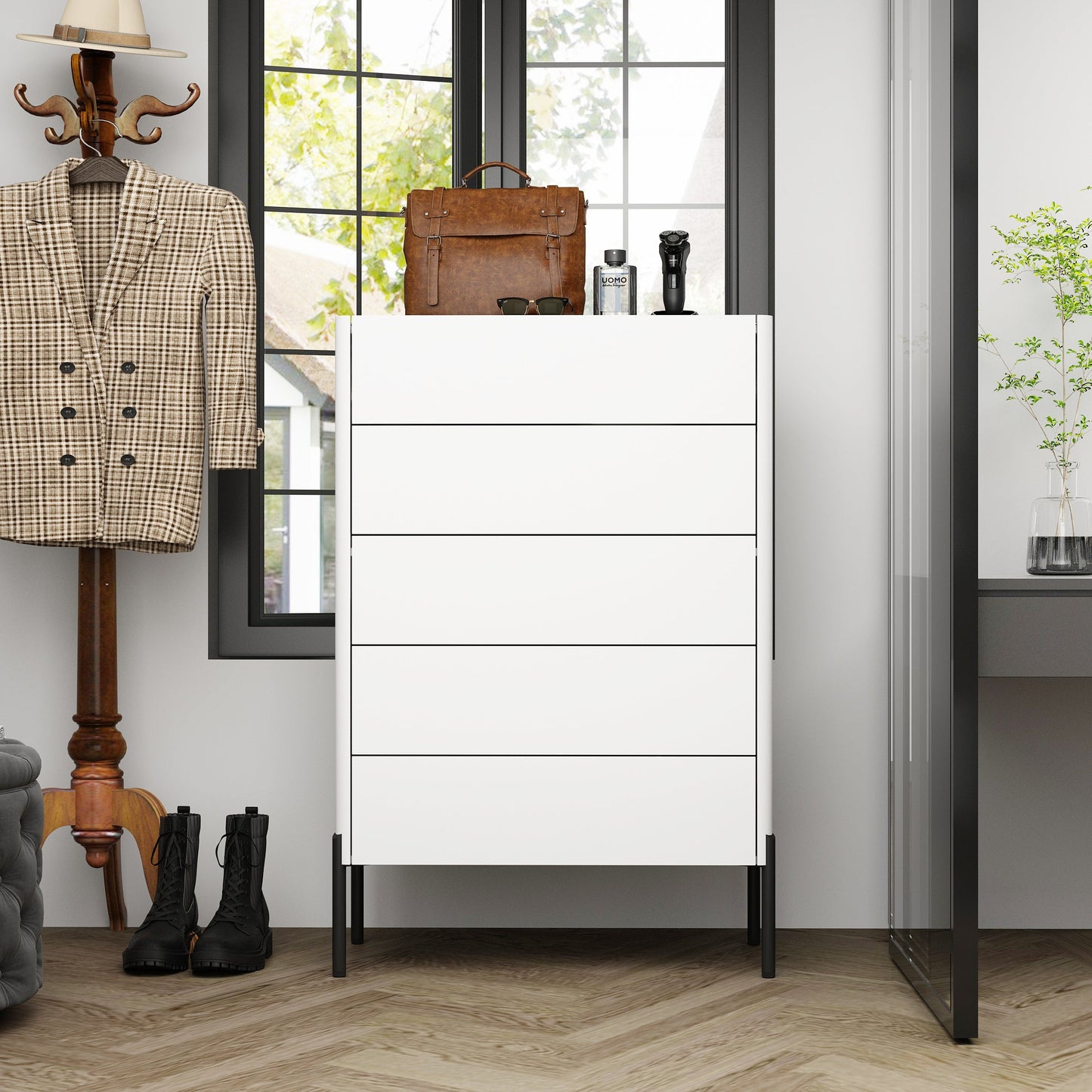 Dresser Chest Of Drawer with Glass Top and Jewelry Storage - 5 Drawers