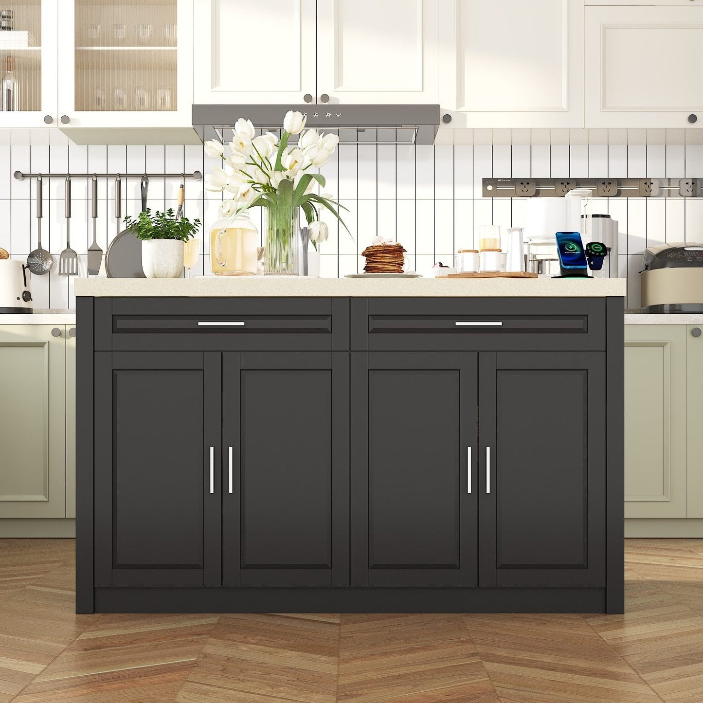 61”W Kitchen Island With 2 Drawer 4 Door