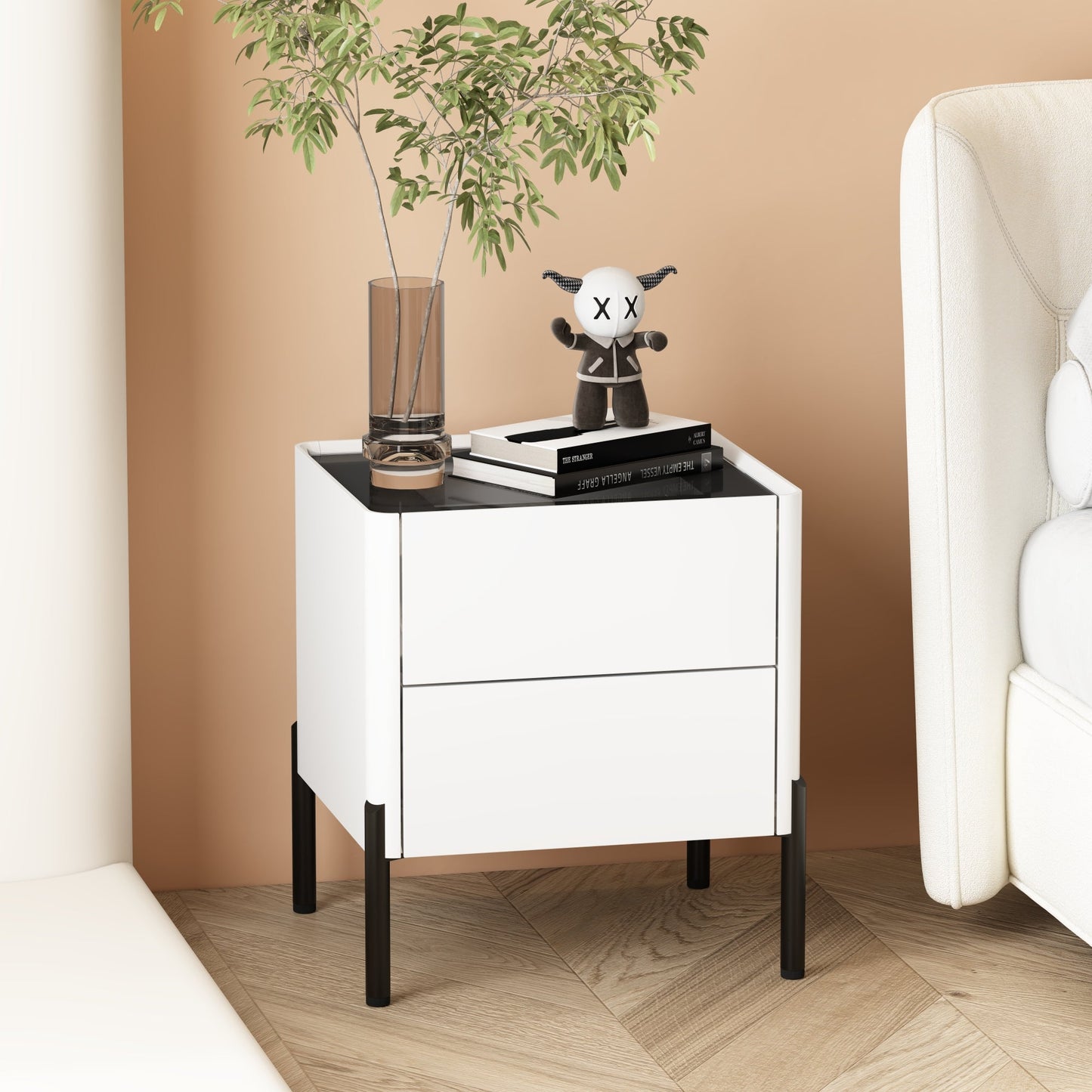 White Glass End Table,Nightstand with 2 Drawers