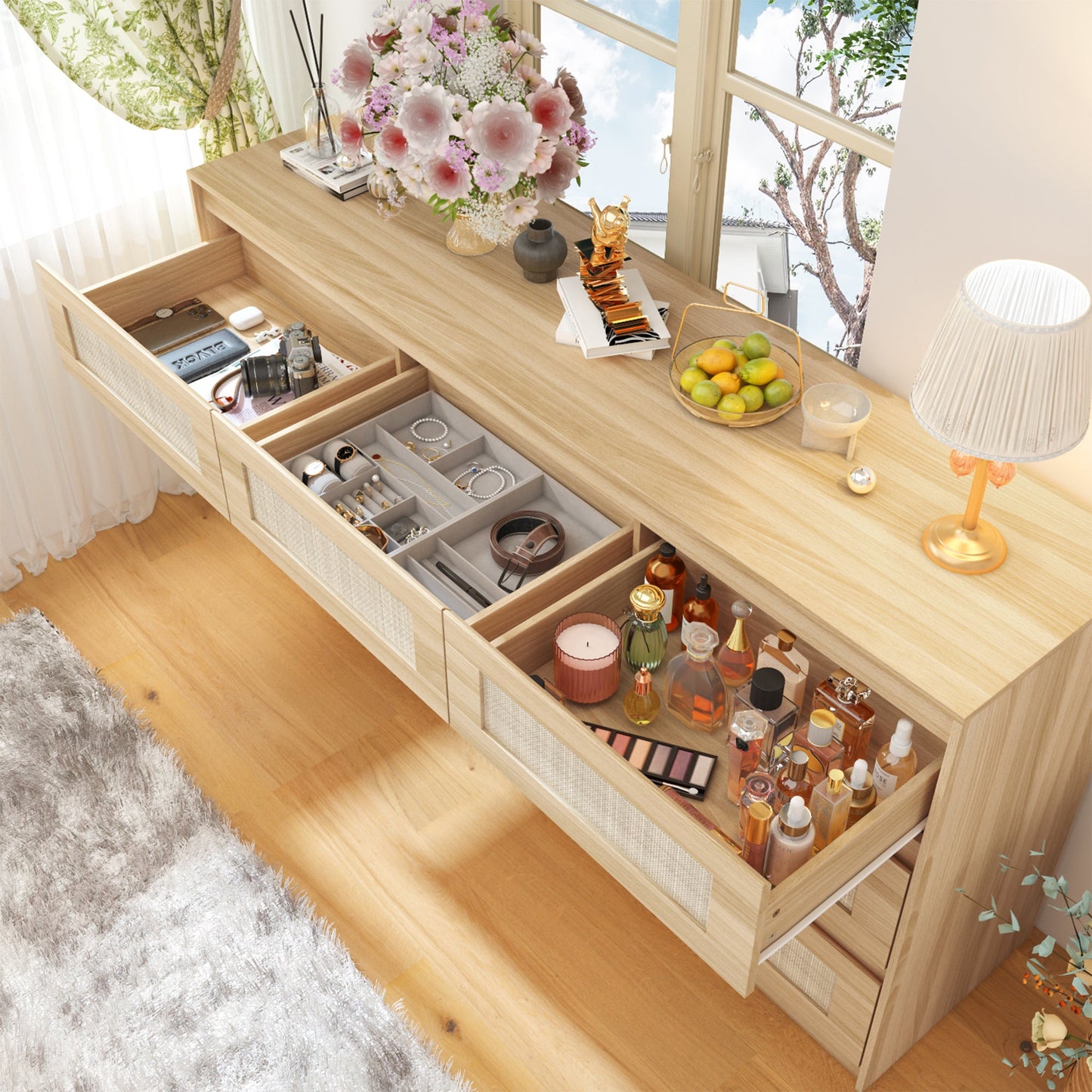 62.9" Wide 9 Drawers Medium Wood Dresser