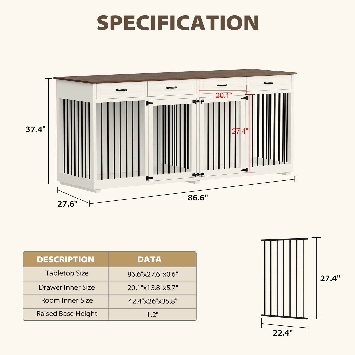 Large Dog Crate Furniture with 4 Drawers and Divider