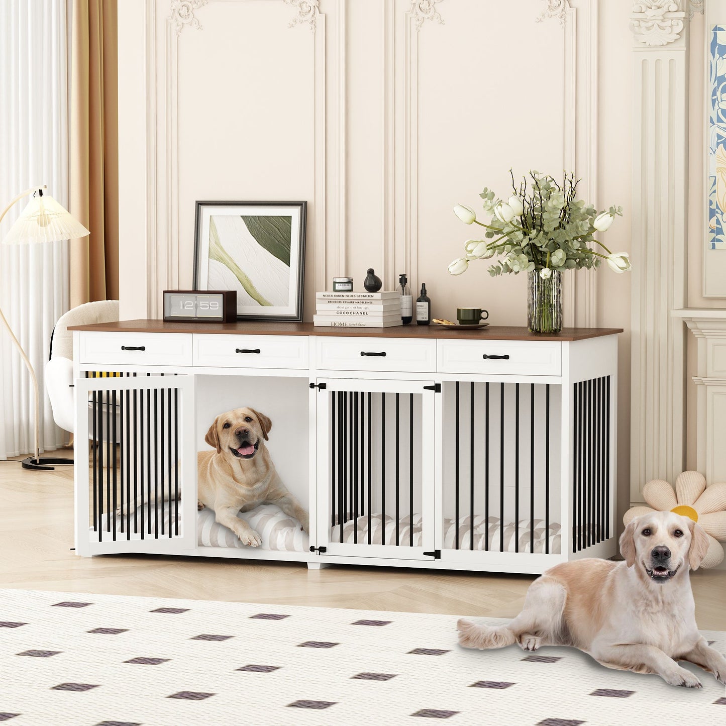 Large Dog Crate Furniture with 4 Drawers and Divider