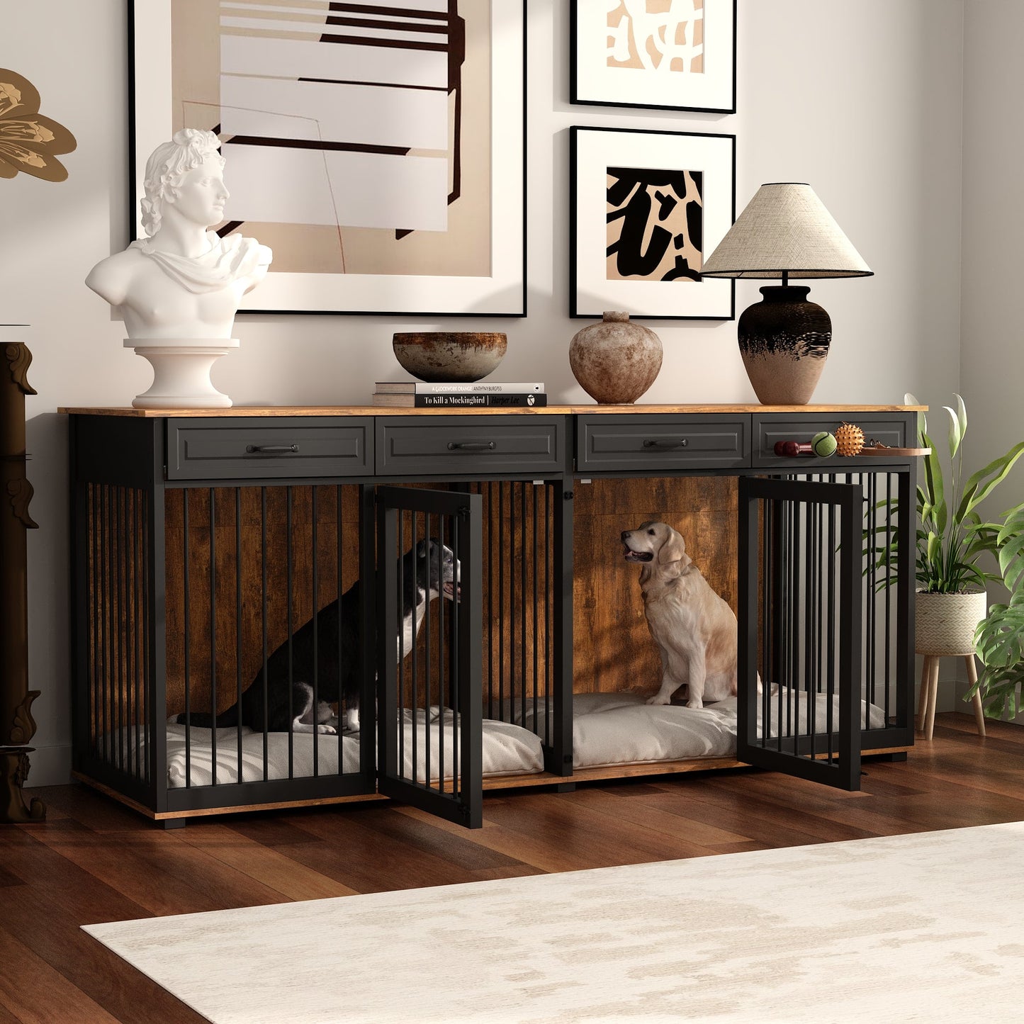 Large Dog Crate Furniture with 4 Drawers and Divider