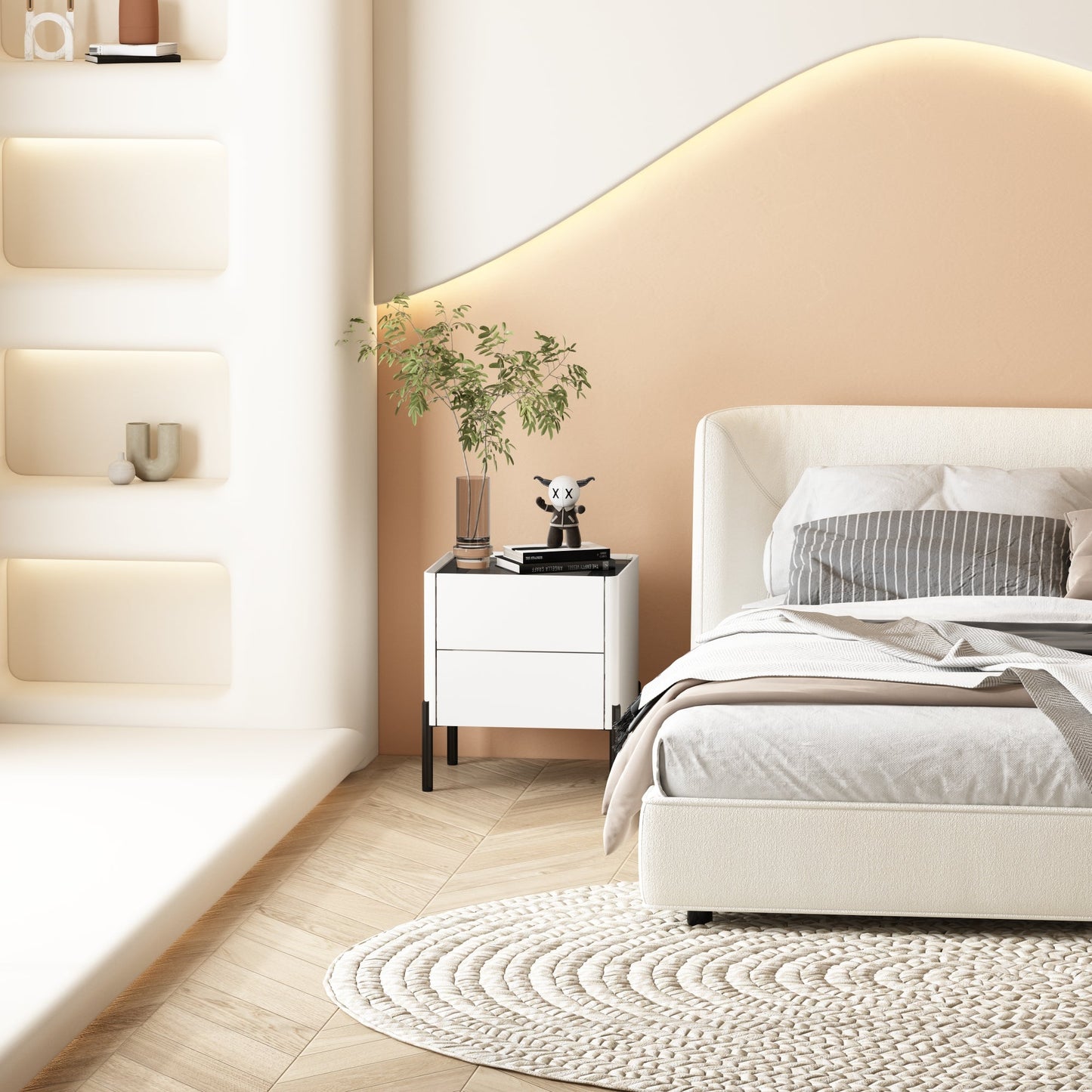 White Glass End Table,Nightstand with 2 Drawers