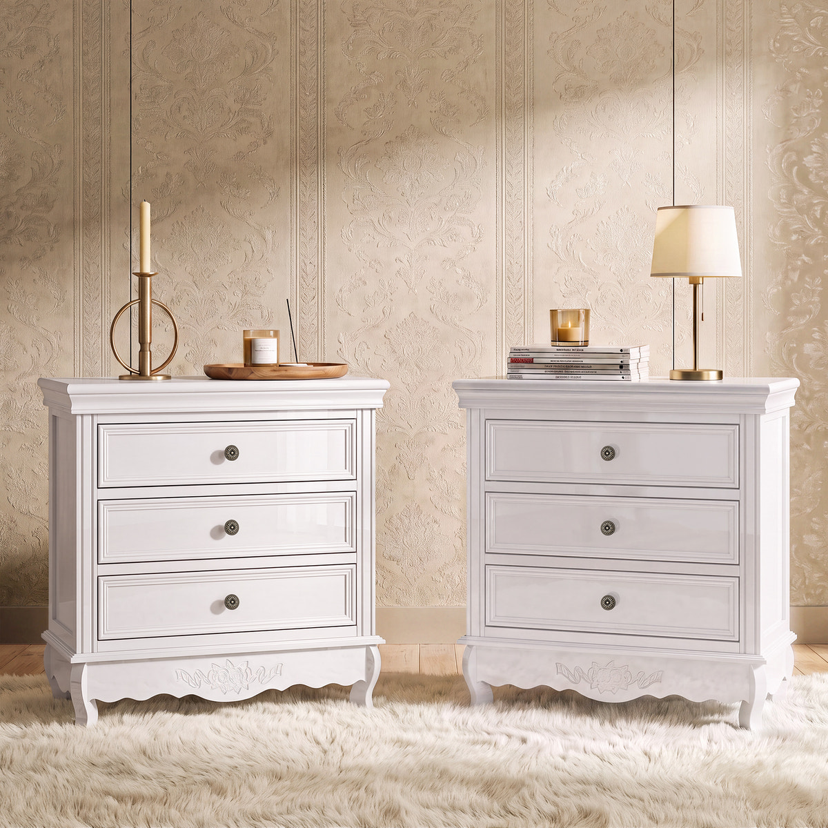 White Classic 3-Drawer Nightstand with Metal Handles, Set of 2