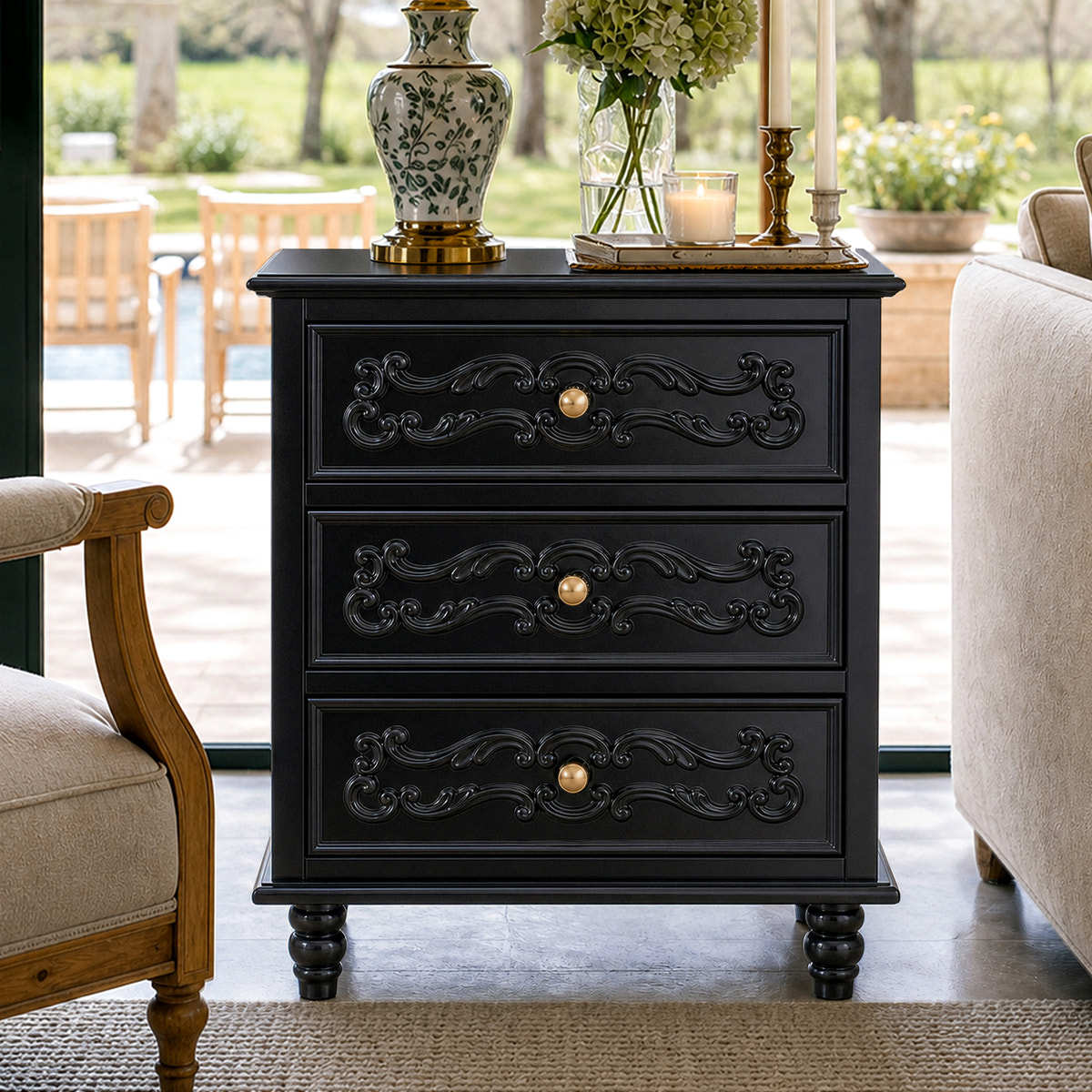 Black Carved 3-Drawer Nightstand with Metal Handles