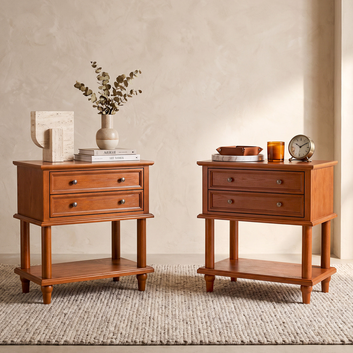 Walnut 2-Drawer Nightstand with Open Shelf, Set of 2