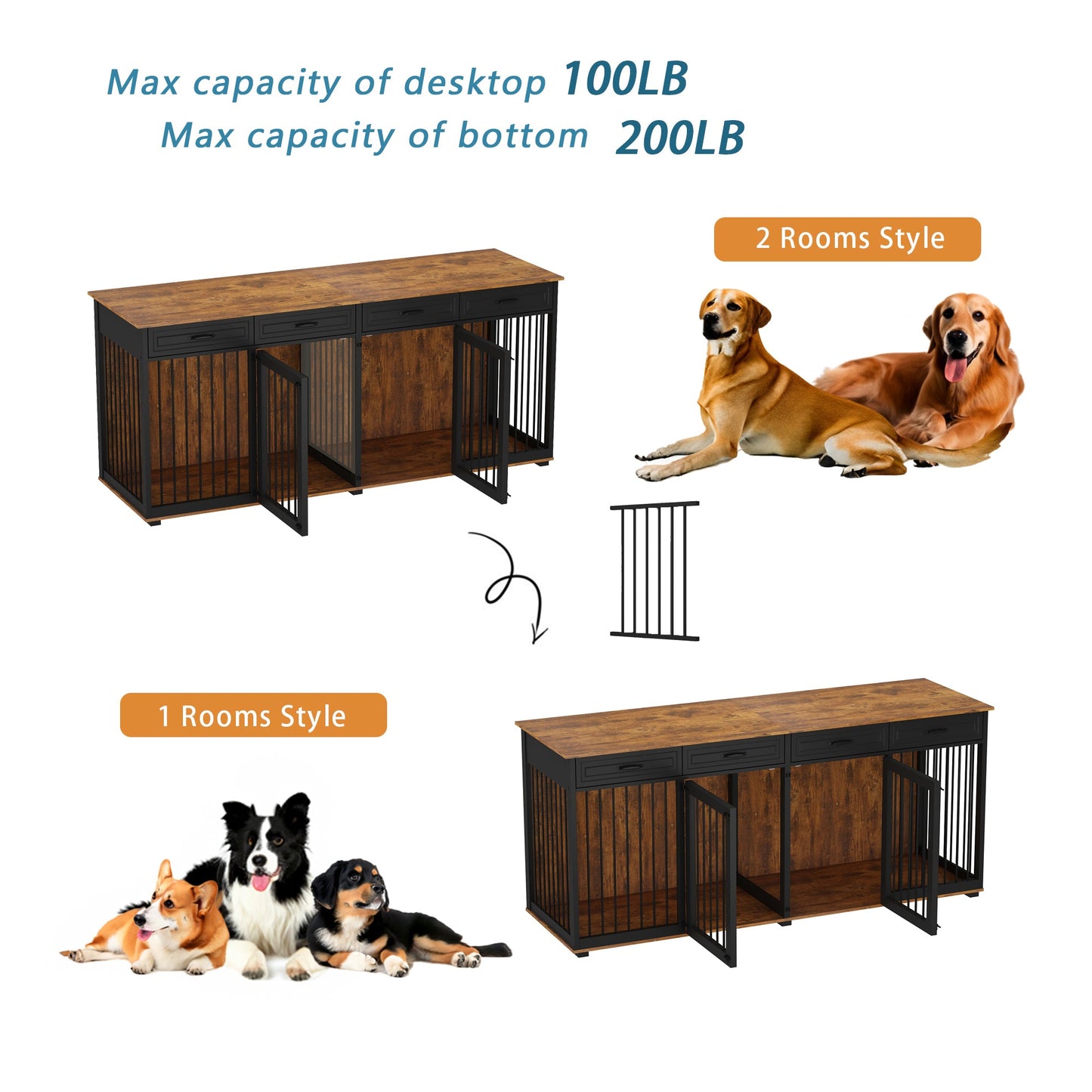 Large Dog Crate Furniture with 4 Drawers and Divider