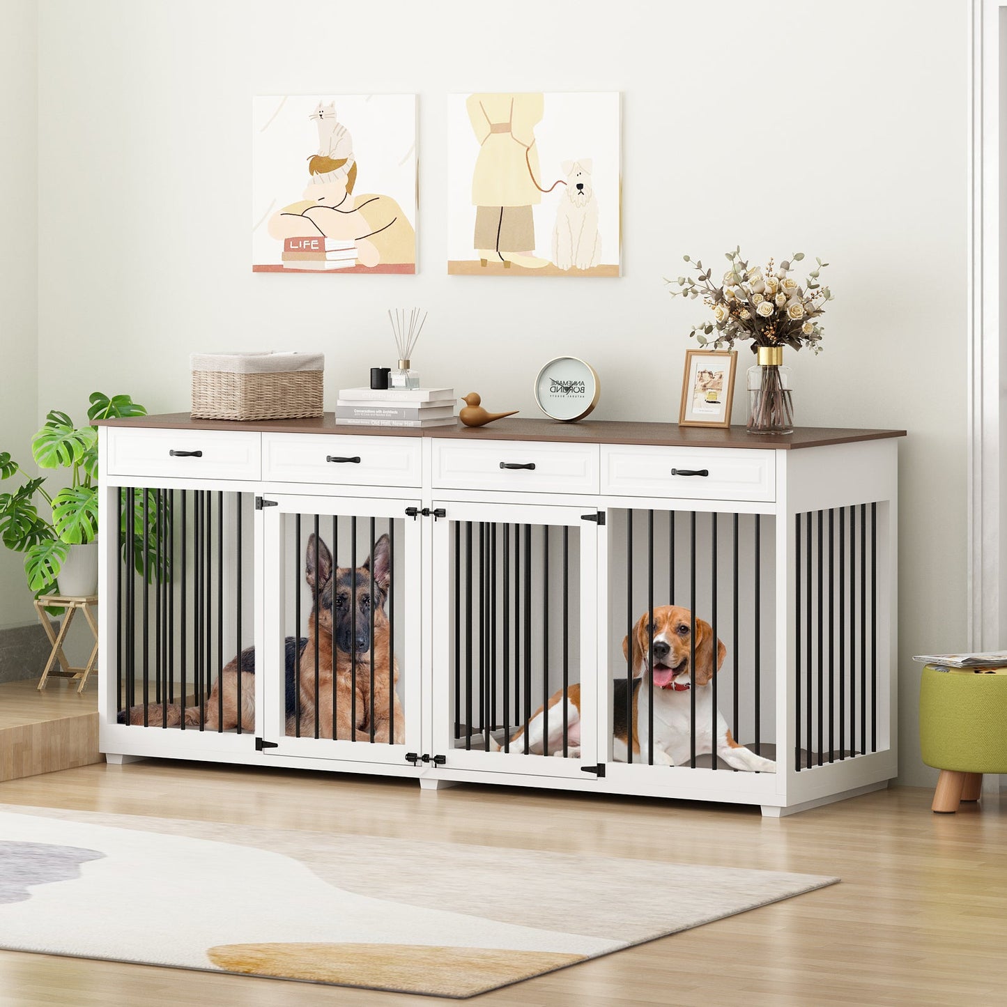Large Dog Crate Furniture with 4 Drawers and Divider
