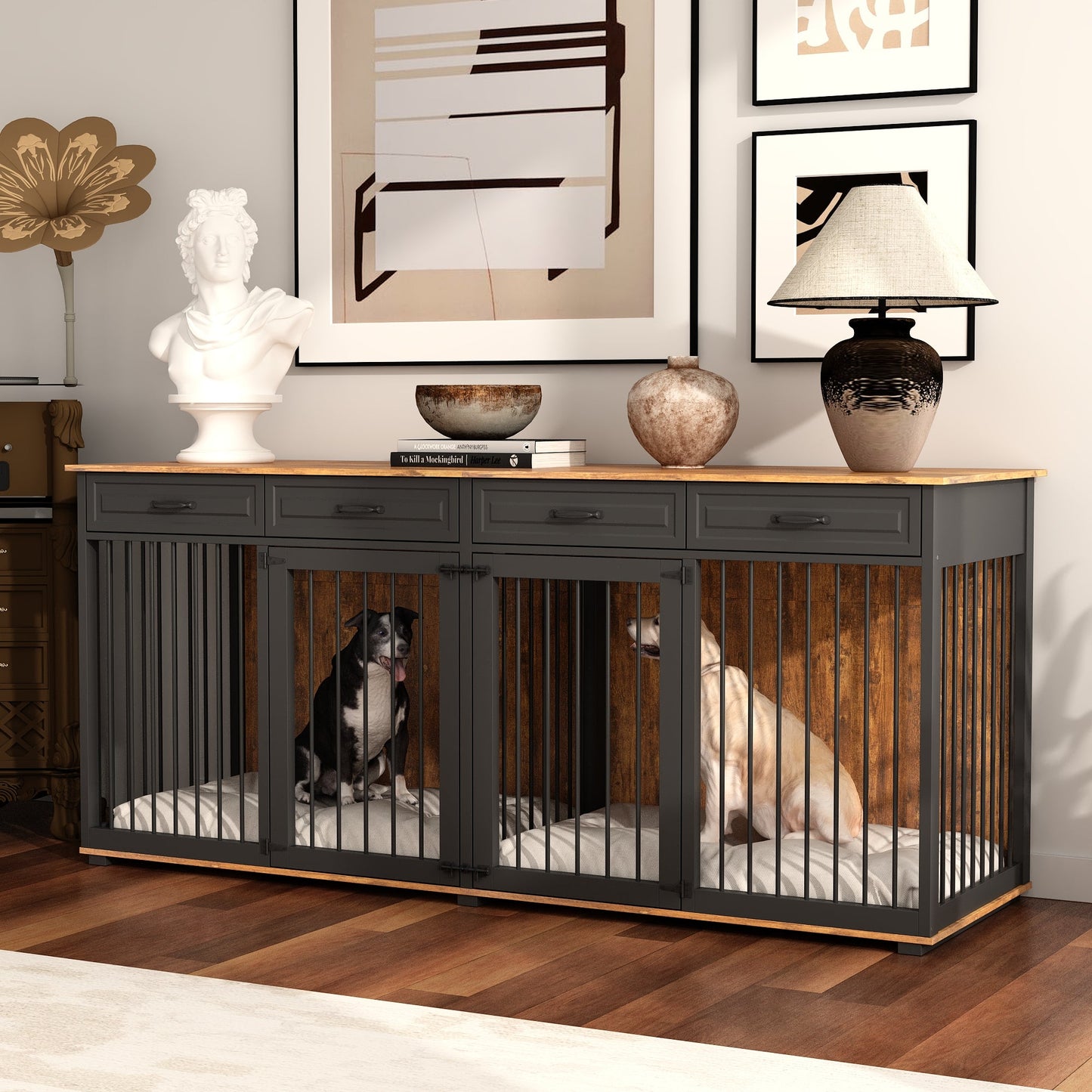 Large Dog Crate Furniture with 4 Drawers and Divider
