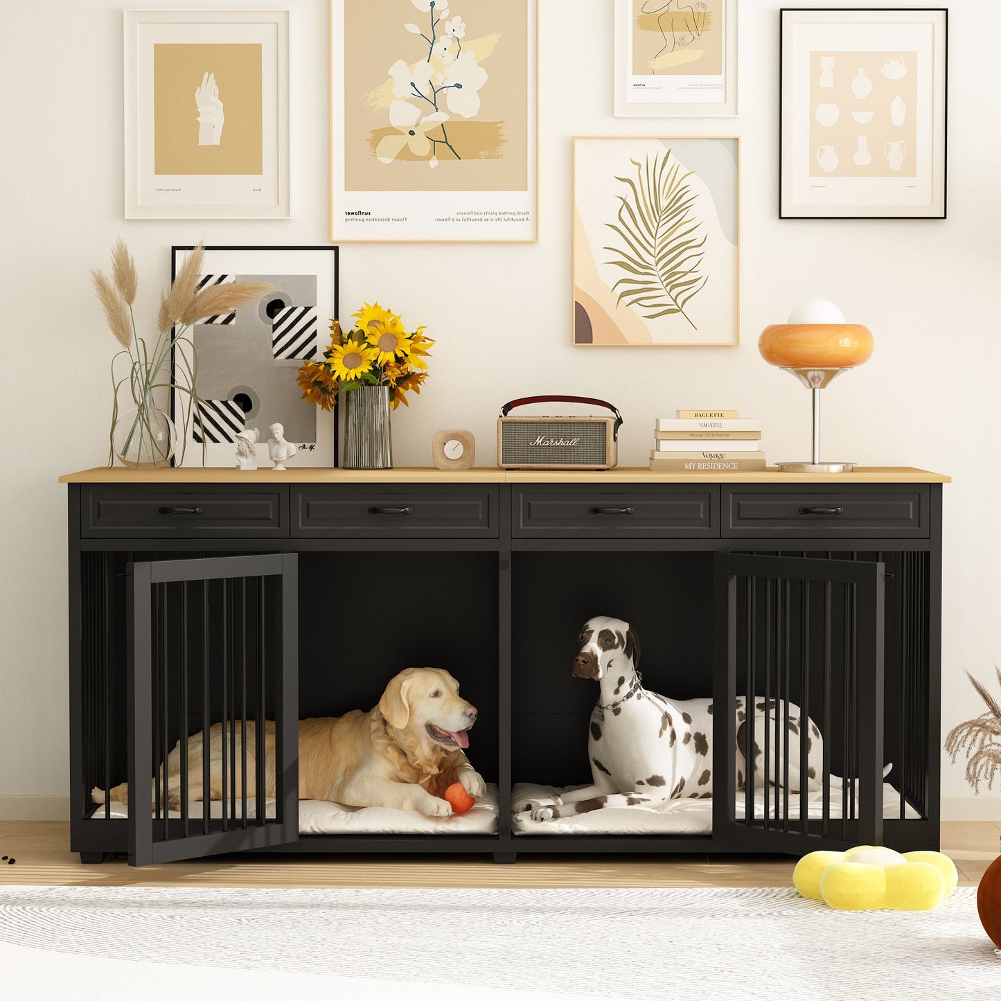 Large Dog Crate Furniture with 4 Drawers and Divider
