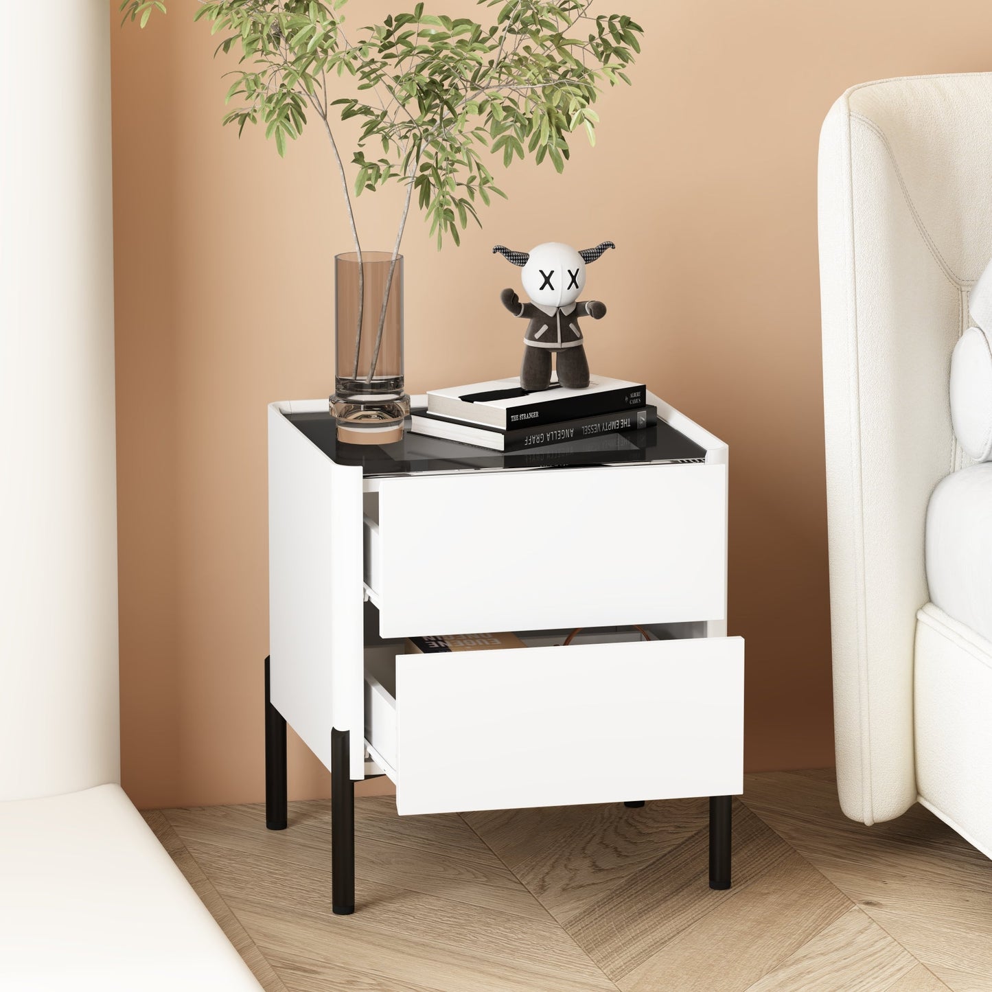 White Glass End Table,Nightstand with 2 Drawers