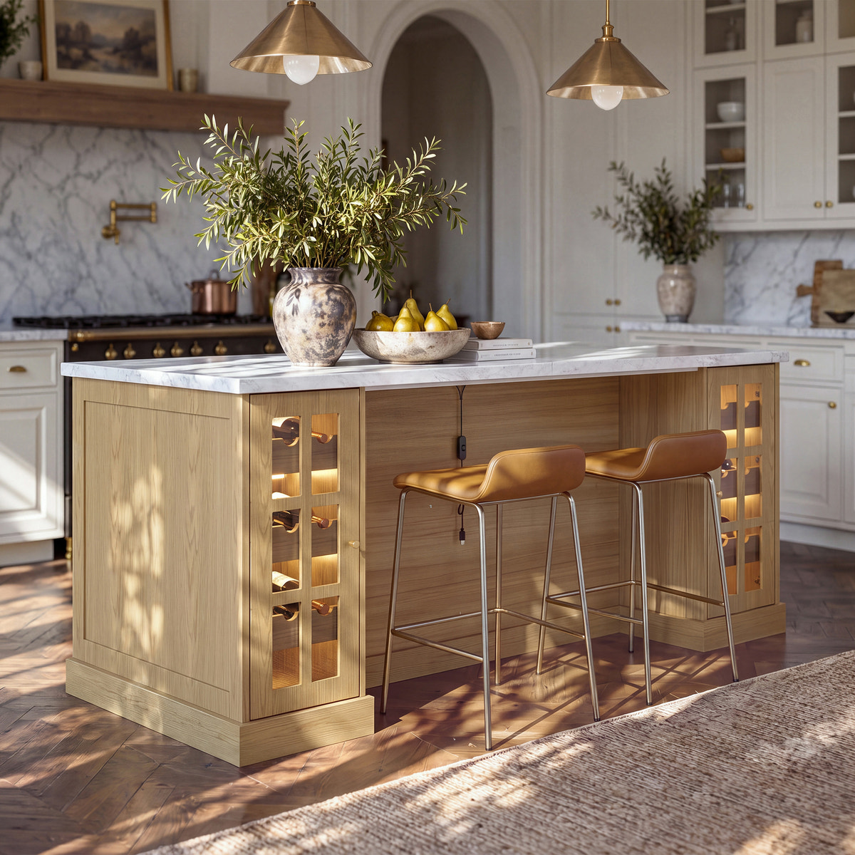 Grand Framed-Glass Kitchen Island with Marble-Look Top