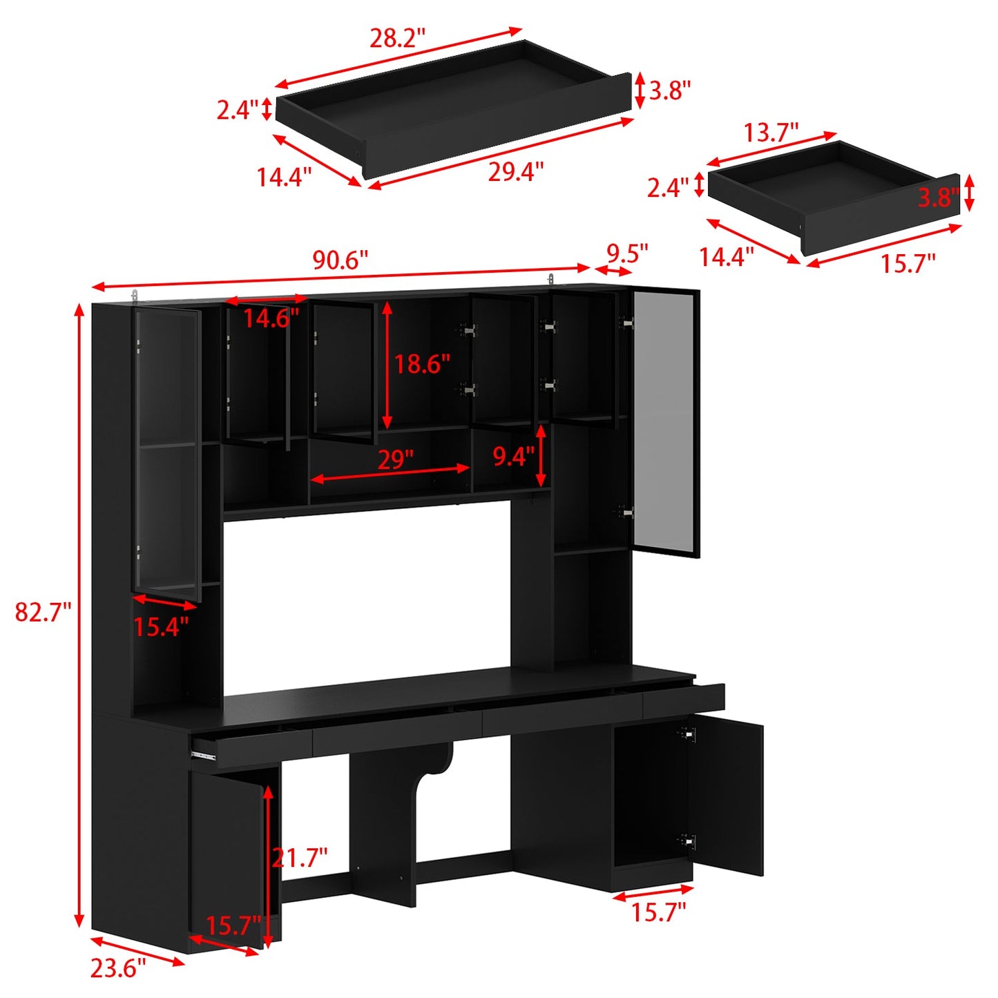 90.6 Inch Wide Computer Desk With Glass Cabinets