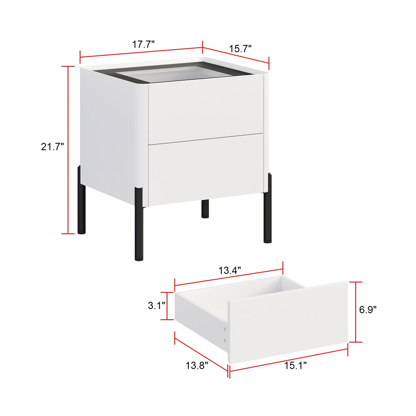 White Glass End Table,Nightstand with 2 Drawers