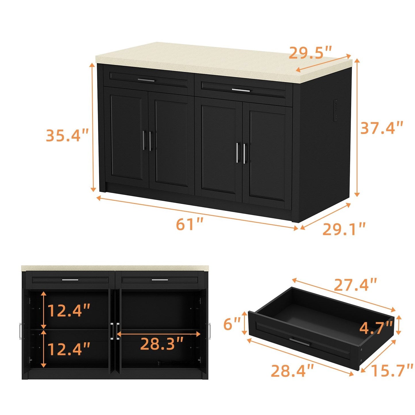 61”W Kitchen Island With 2 Drawer 4 Door