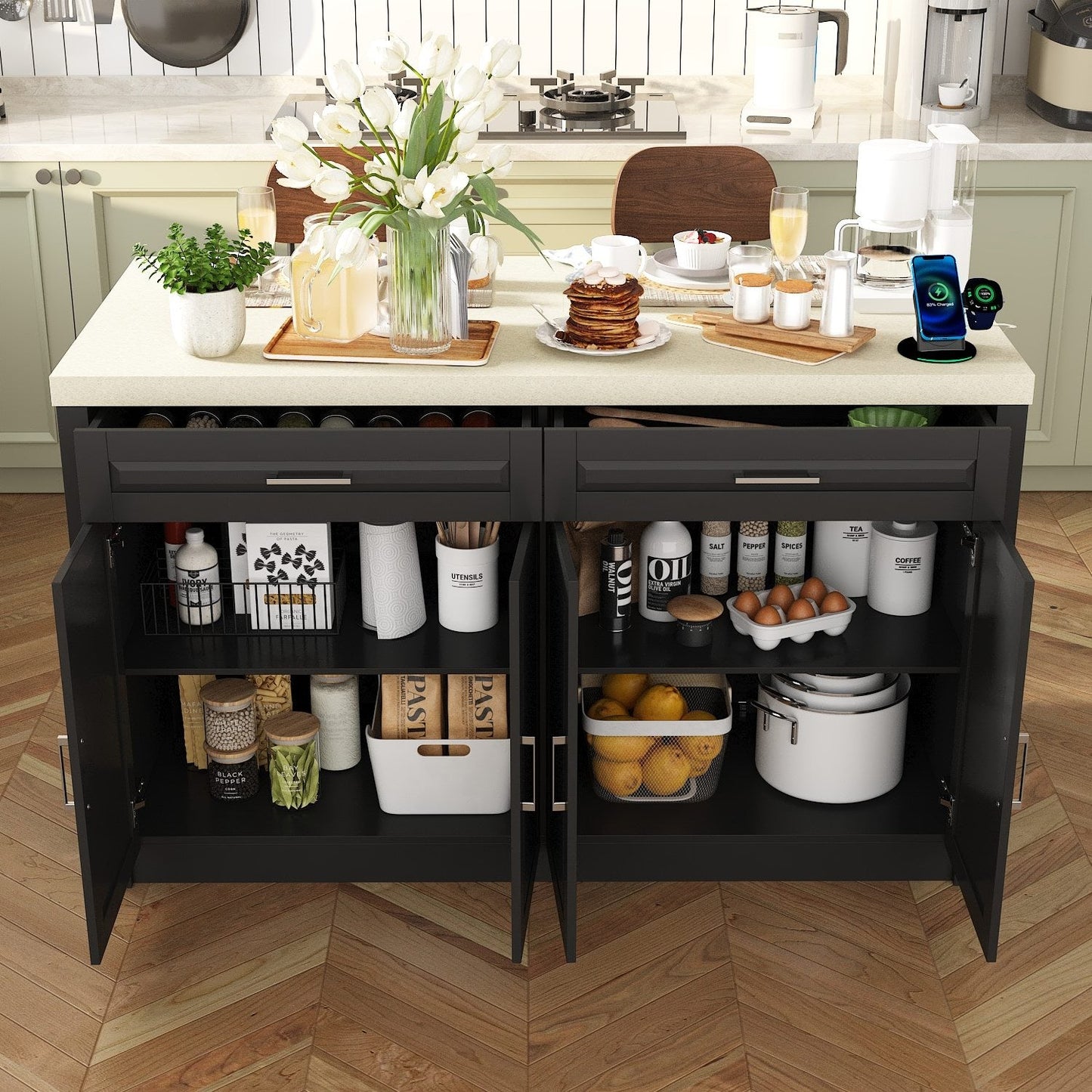 61”W Kitchen Island With 2 Drawer 4 Door