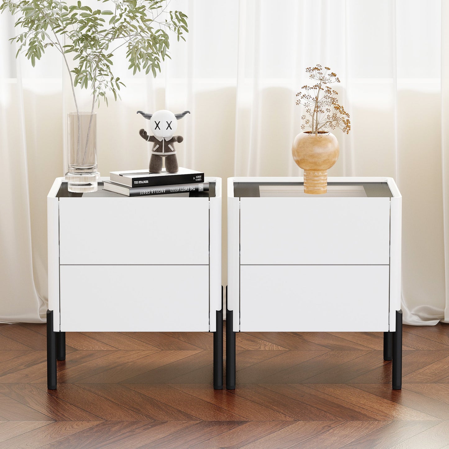 White Glass End Table,Nightstand with 2 Drawers