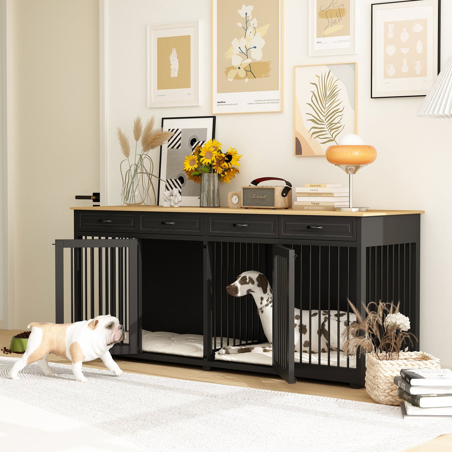 Large Dog Crate Furniture with 4 Drawers and Divider