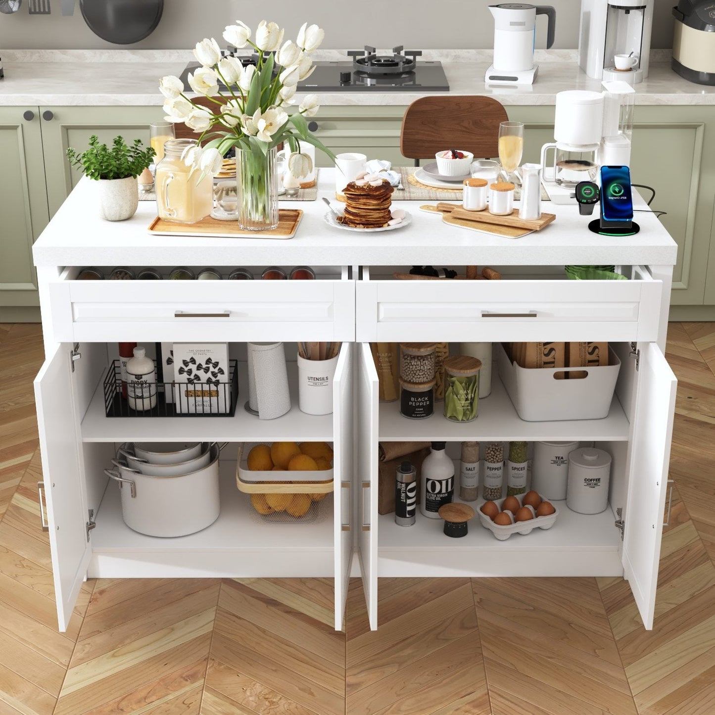 61”W Kitchen Island With 2 Drawer 4 Door