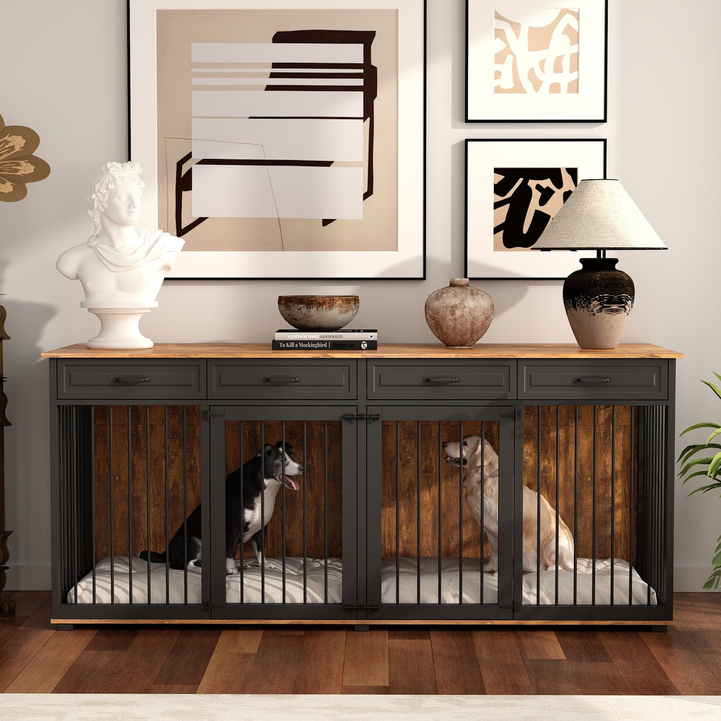 Large Dog Crate Furniture with 4 Drawers and Divider