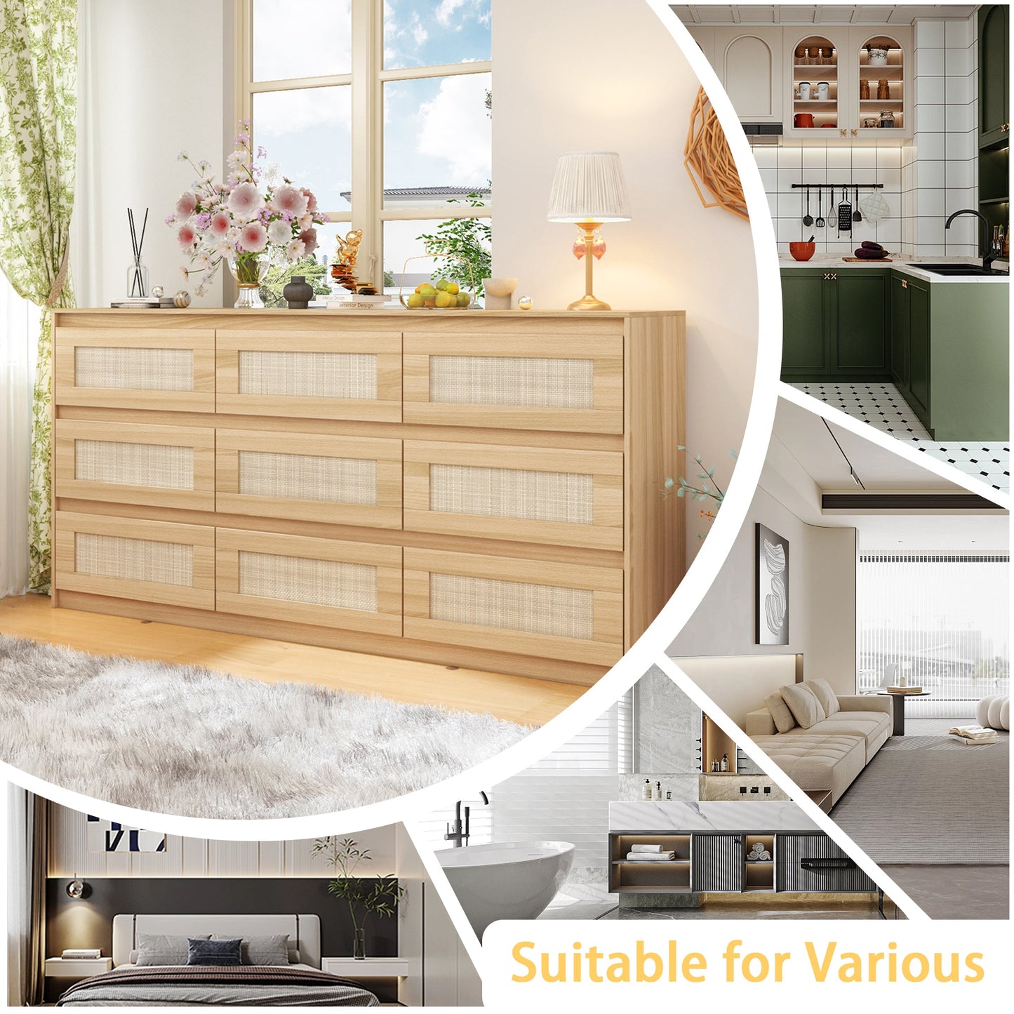 62.9" Wide 9 Drawers Medium Wood Dresser