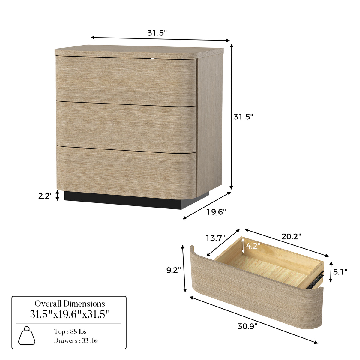 Orbis 3-Drawer Curved Dresser – Oak
