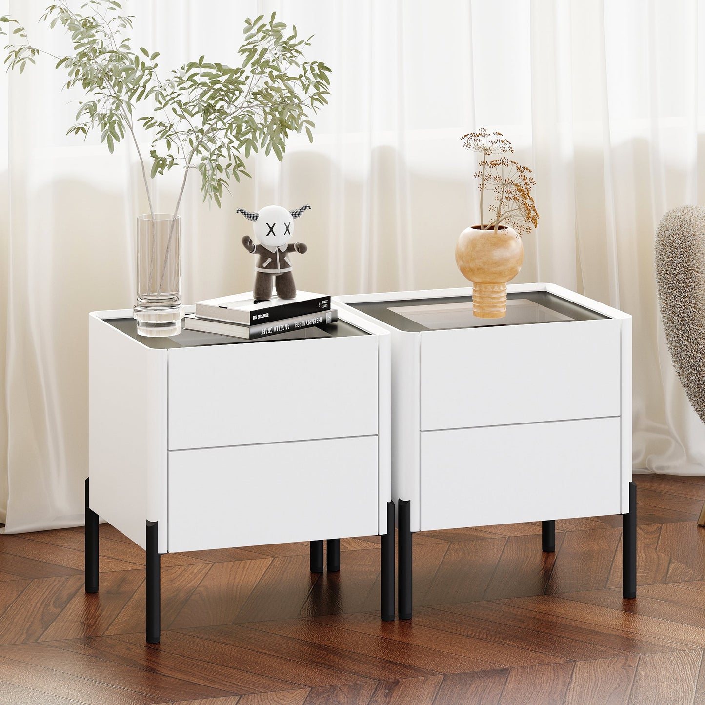 White Glass End Table,Nightstand with 2 Drawers