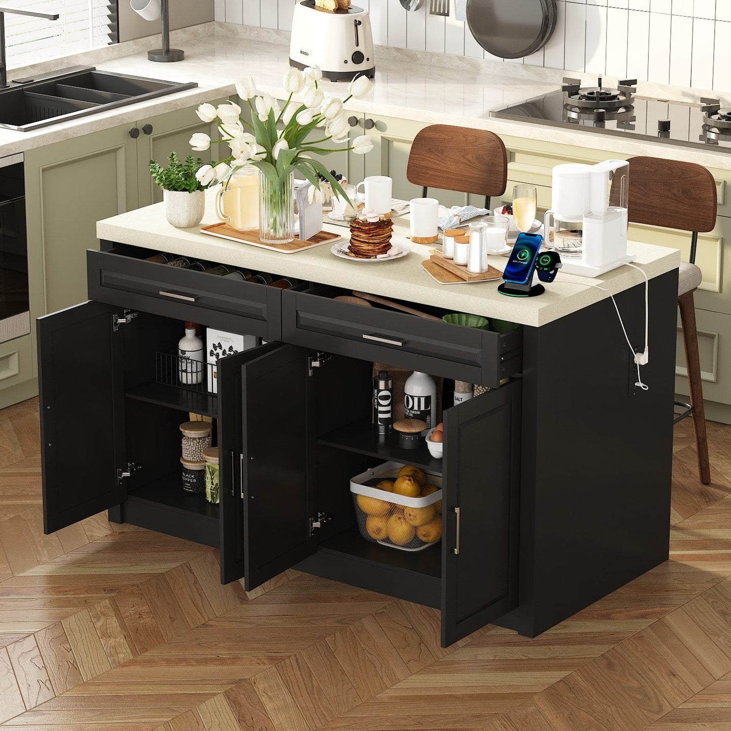 61”W Kitchen Island With 2 Drawer 4 Door