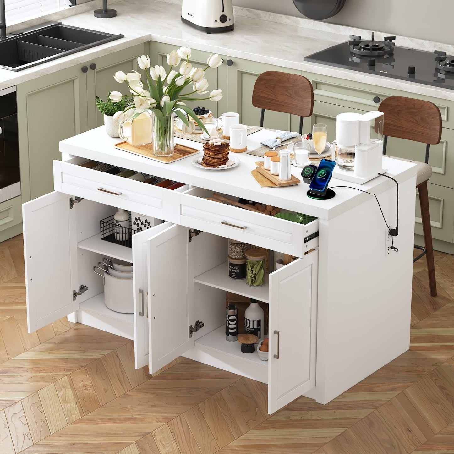 61”W Kitchen Island With 2 Drawer 4 Door