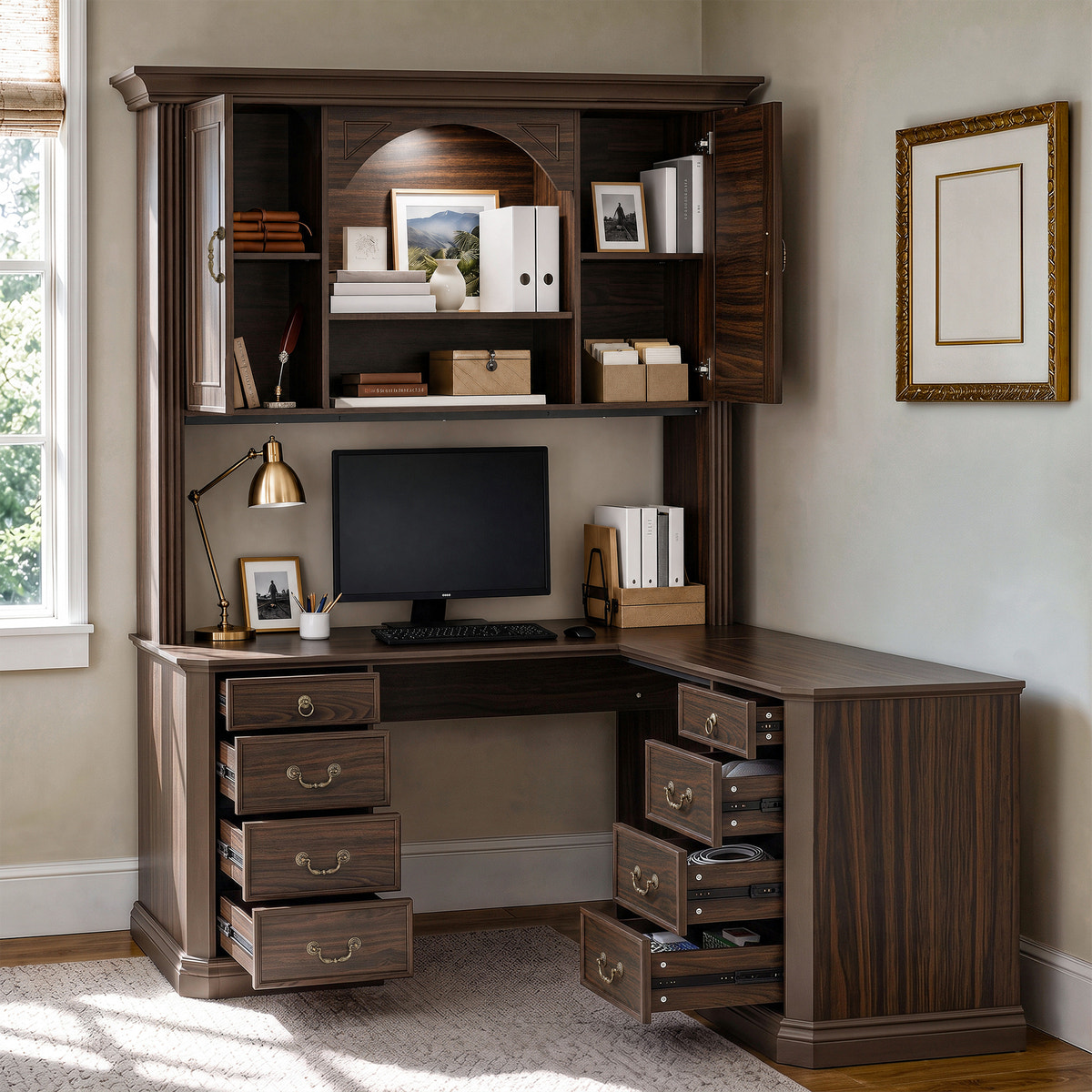 L-Shaped Executive Desk with Storage - Walnut Brown