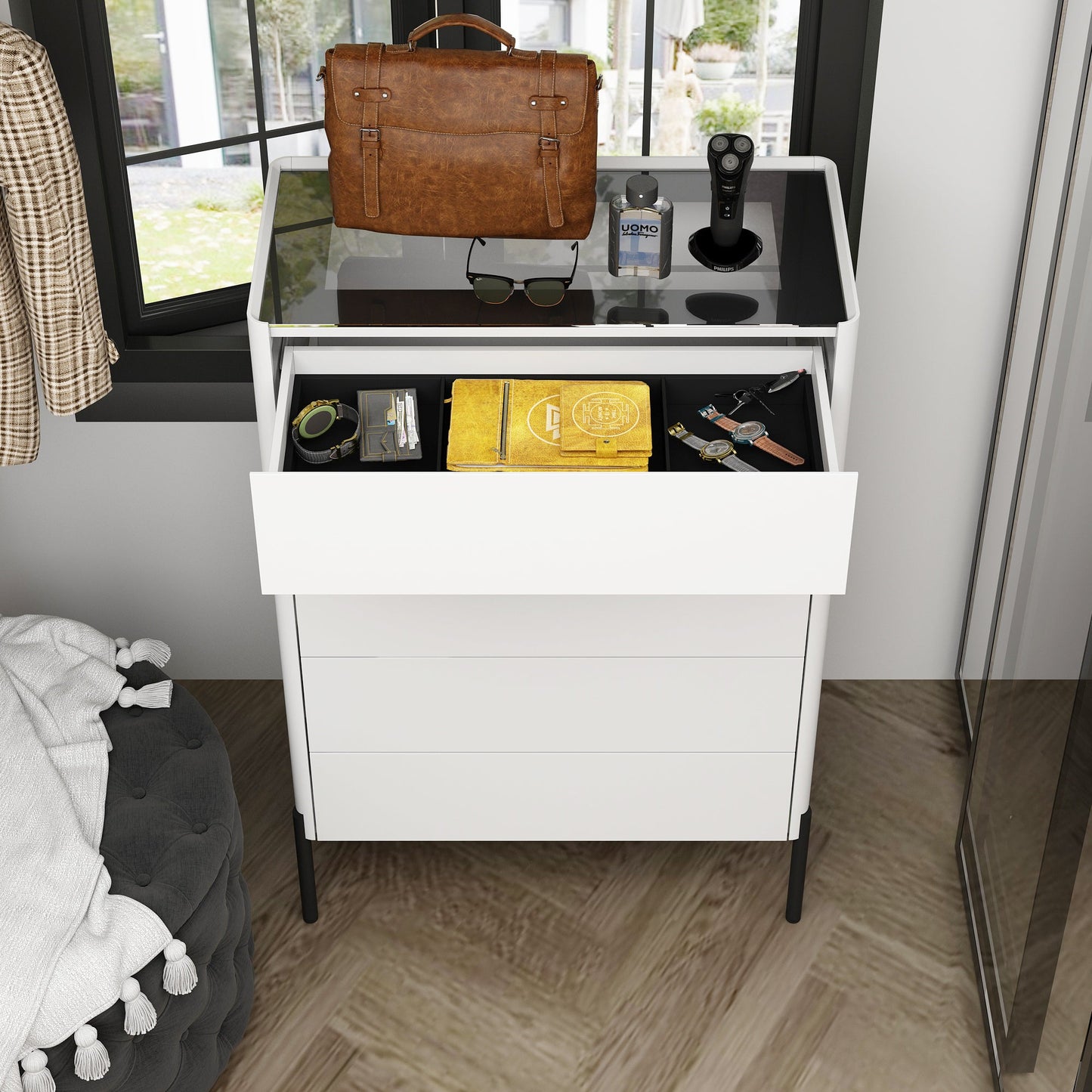 Dresser Chest Of Drawer with Glass Top and Jewelry Storage - 5 Drawers