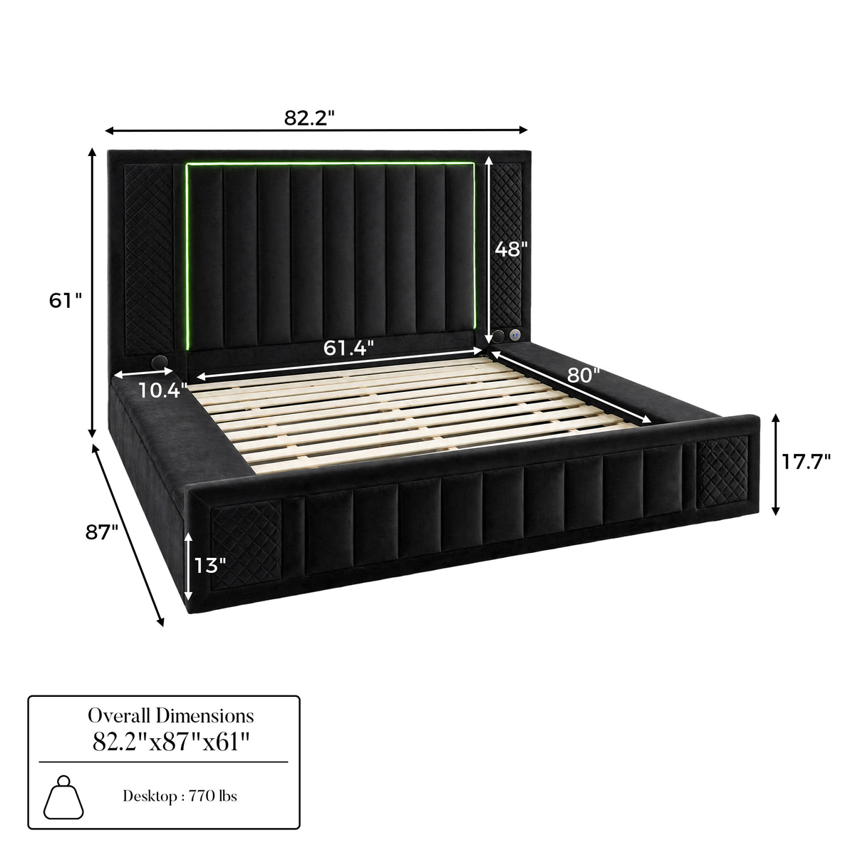 Queen Size LED Storage Bed with Upholstered Headboard