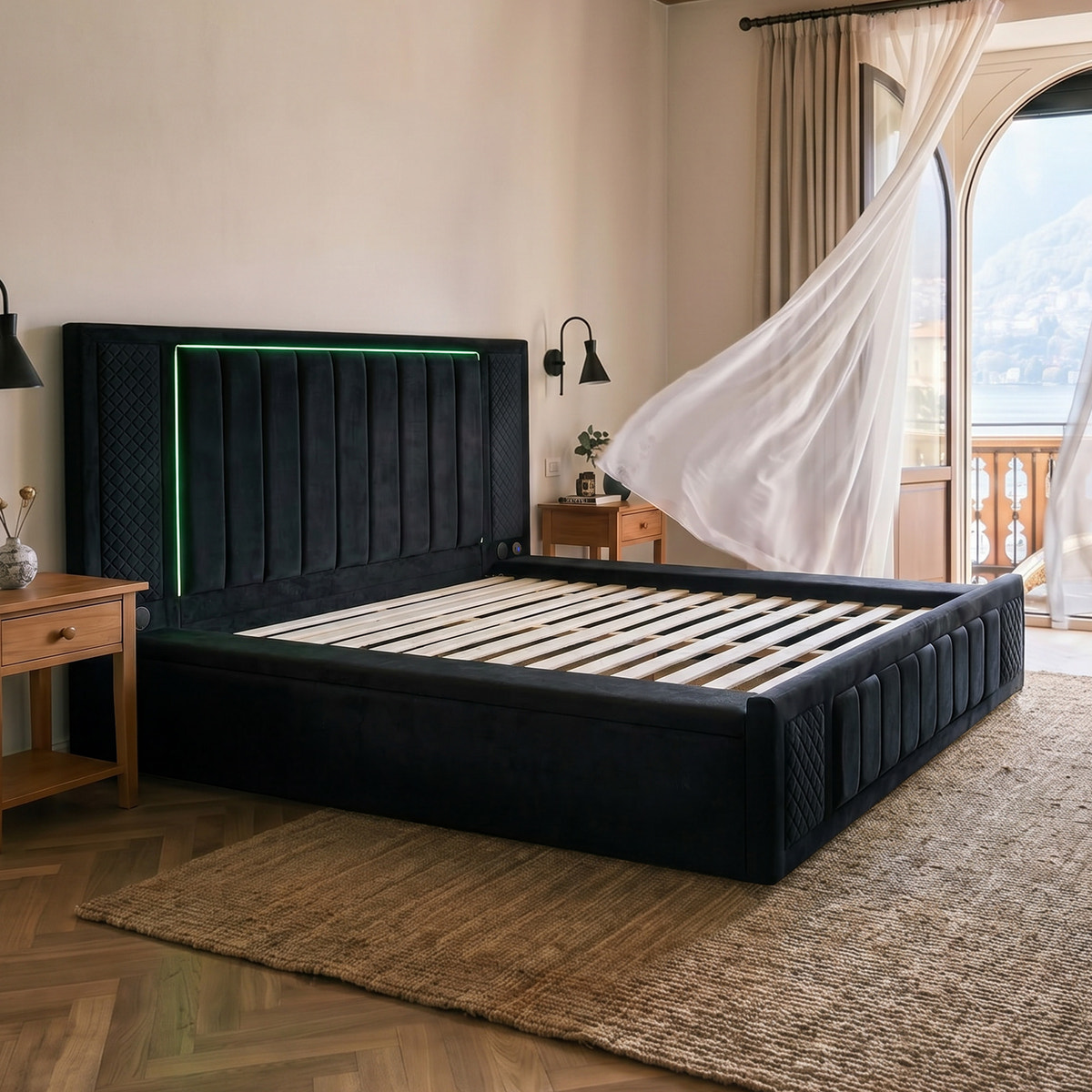 Queen Size LED Storage Bed with Upholstered Headboard