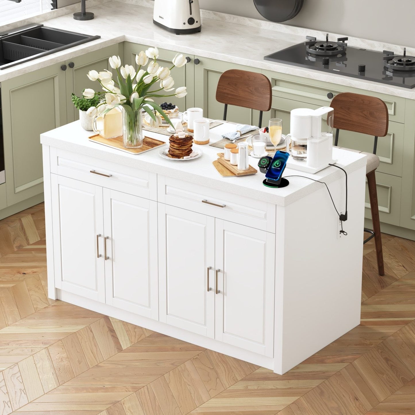 61”W Kitchen Island With 2 Drawer 4 Door