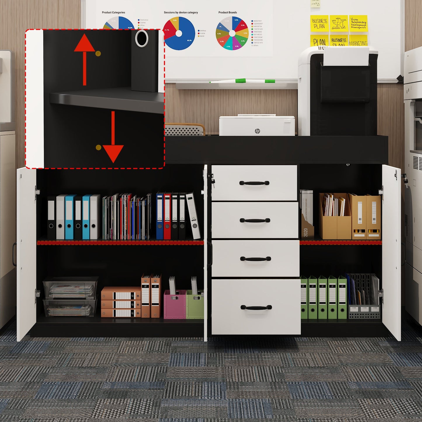 35.4'' H X 63 '' W 4-Drawer Office Storage Cabinet With Adjustable Shelfs And Lock