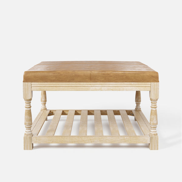 Leather-Top Square Coffee Table with Open Shelf