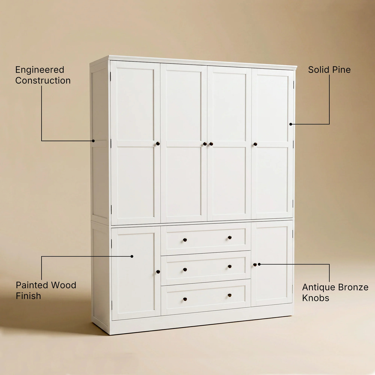 6-Door Wardrobe Armoire with Drawers - White