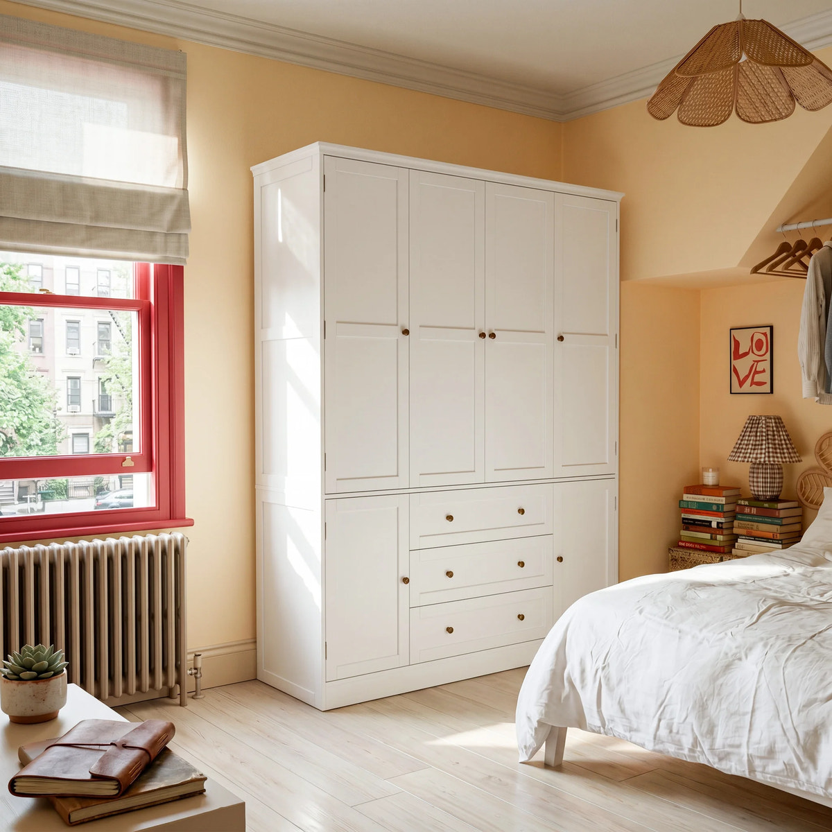 6-Door Wardrobe Armoire with Drawers - White