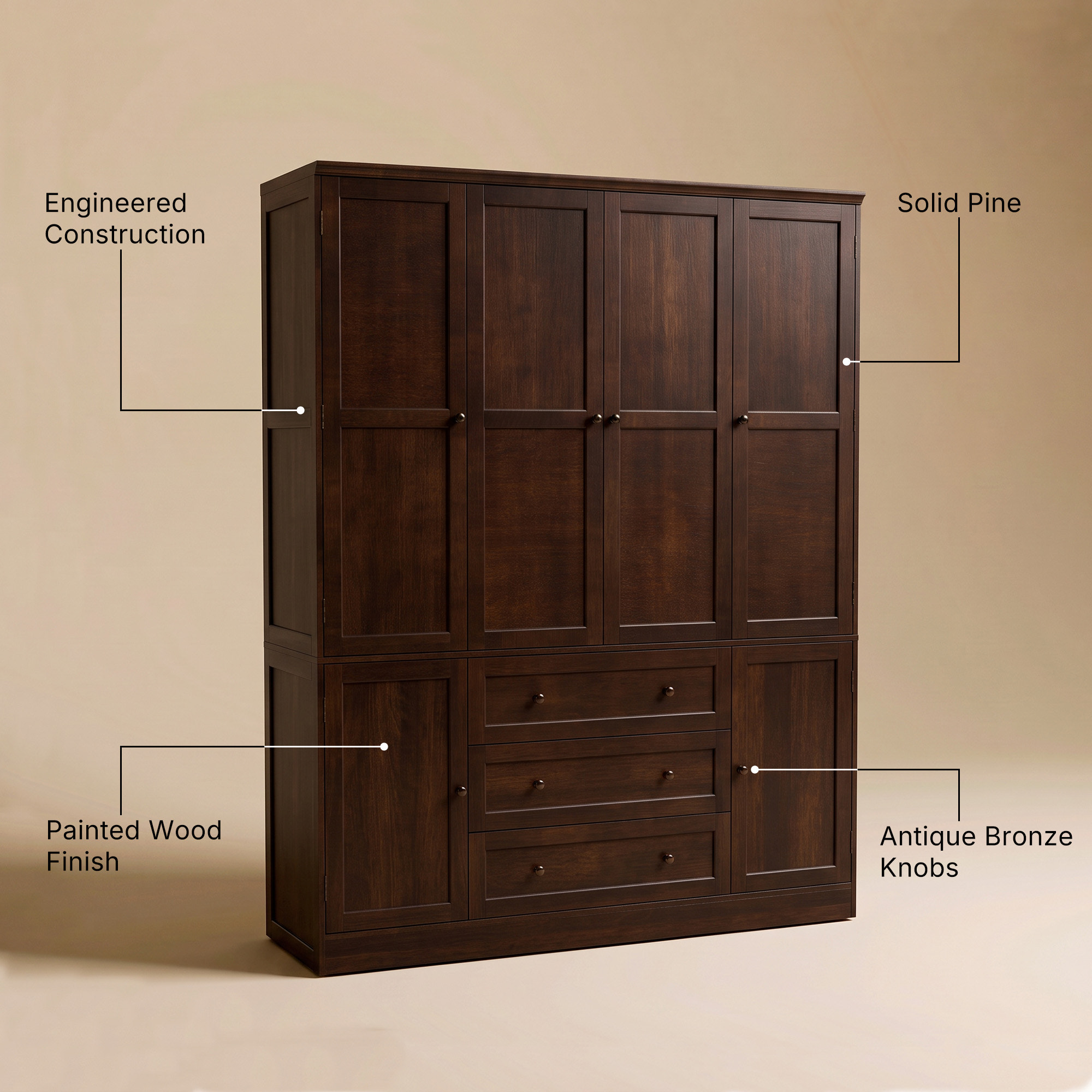 6-Door Wardrobe Armoire with Drawers - Dark Brown